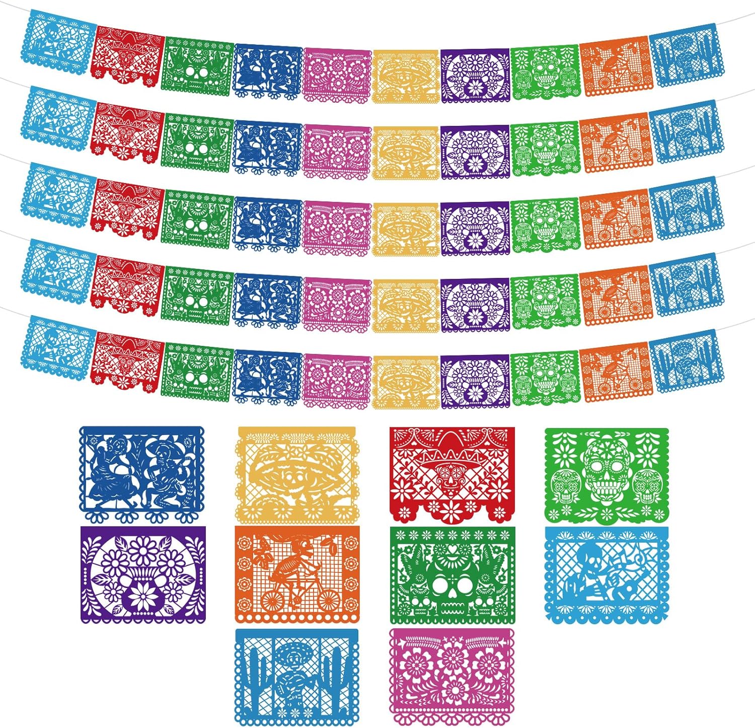 VitalCozy 92 ft Mexican Party Banners (5 Pack with 10 Non Woven Flags Per Banner) Cinco De Mayo Party Decorations Papel Picado Mexicano Para Fiesta Banner Papel Picado Fiesta Themed Decor