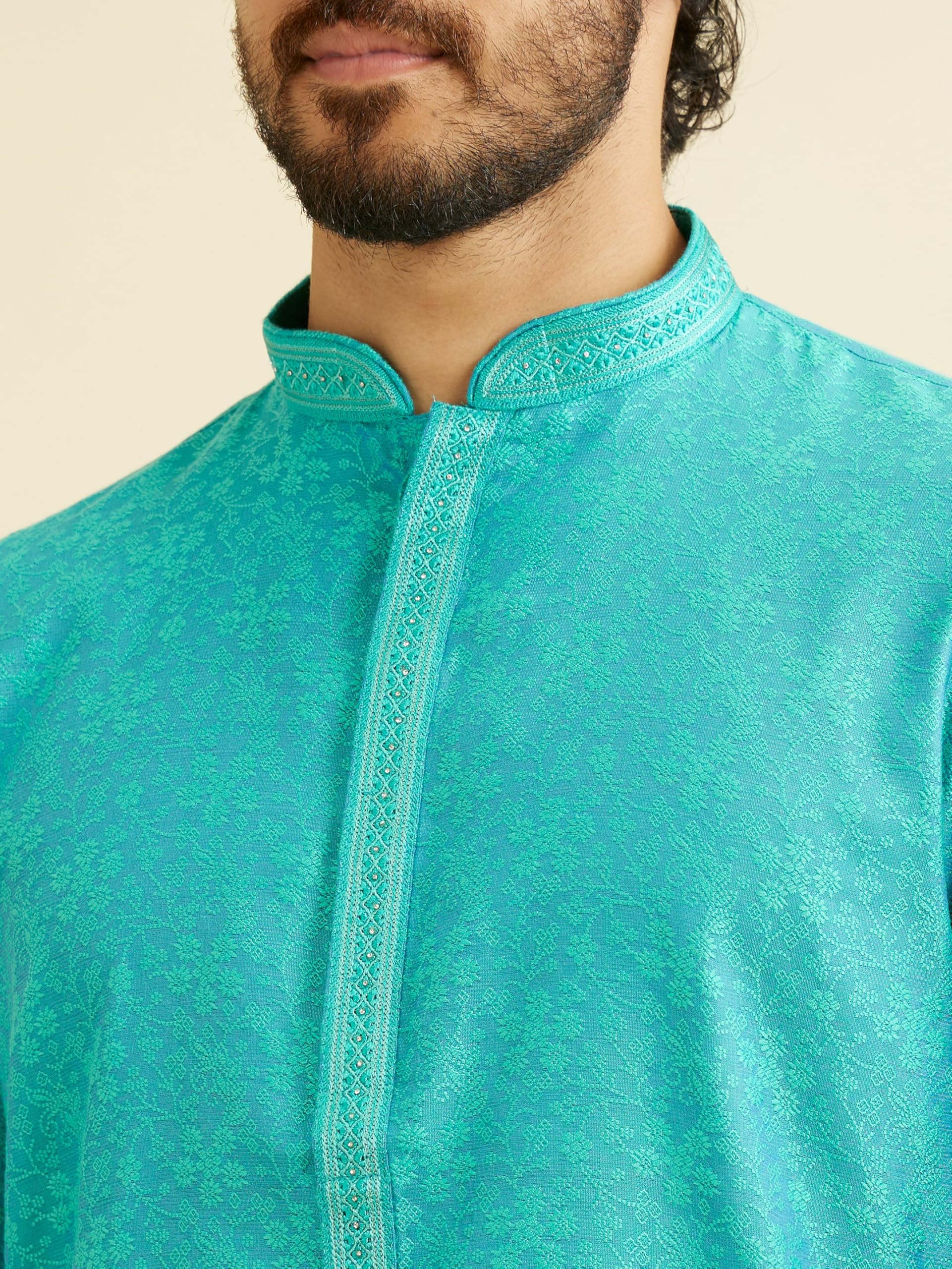 Manyavar Kurta zestaw piżamy dla mężczyzn, tkanina mieszana z wiskozą, haft nitkowy, 2-częściowy
