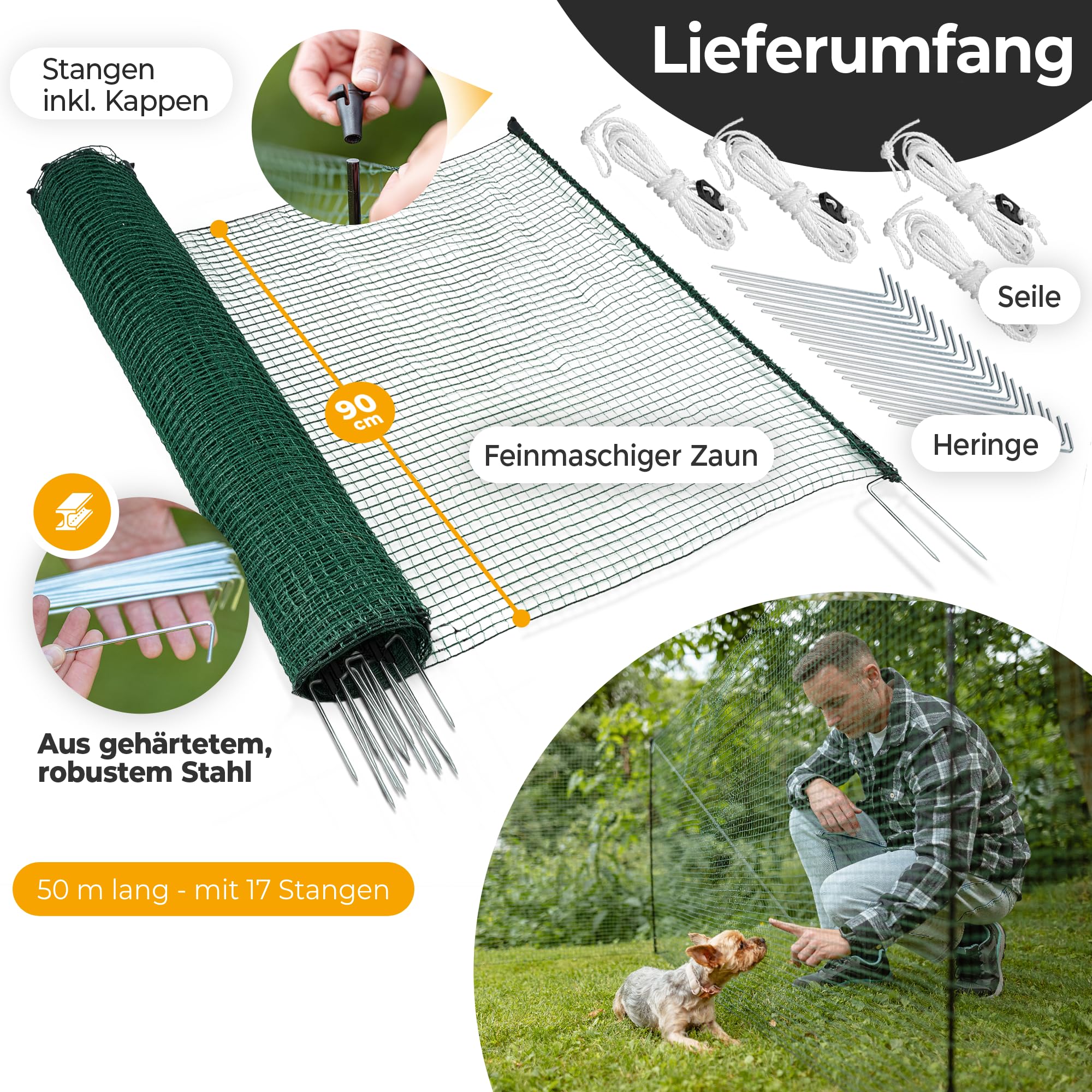 NATURIZ® Weidezaun in 50m x 90cm Komplettset - mobiler Hundezaun & Hühnerzaun extrem stabil, ohne Strom, Grün (50m)