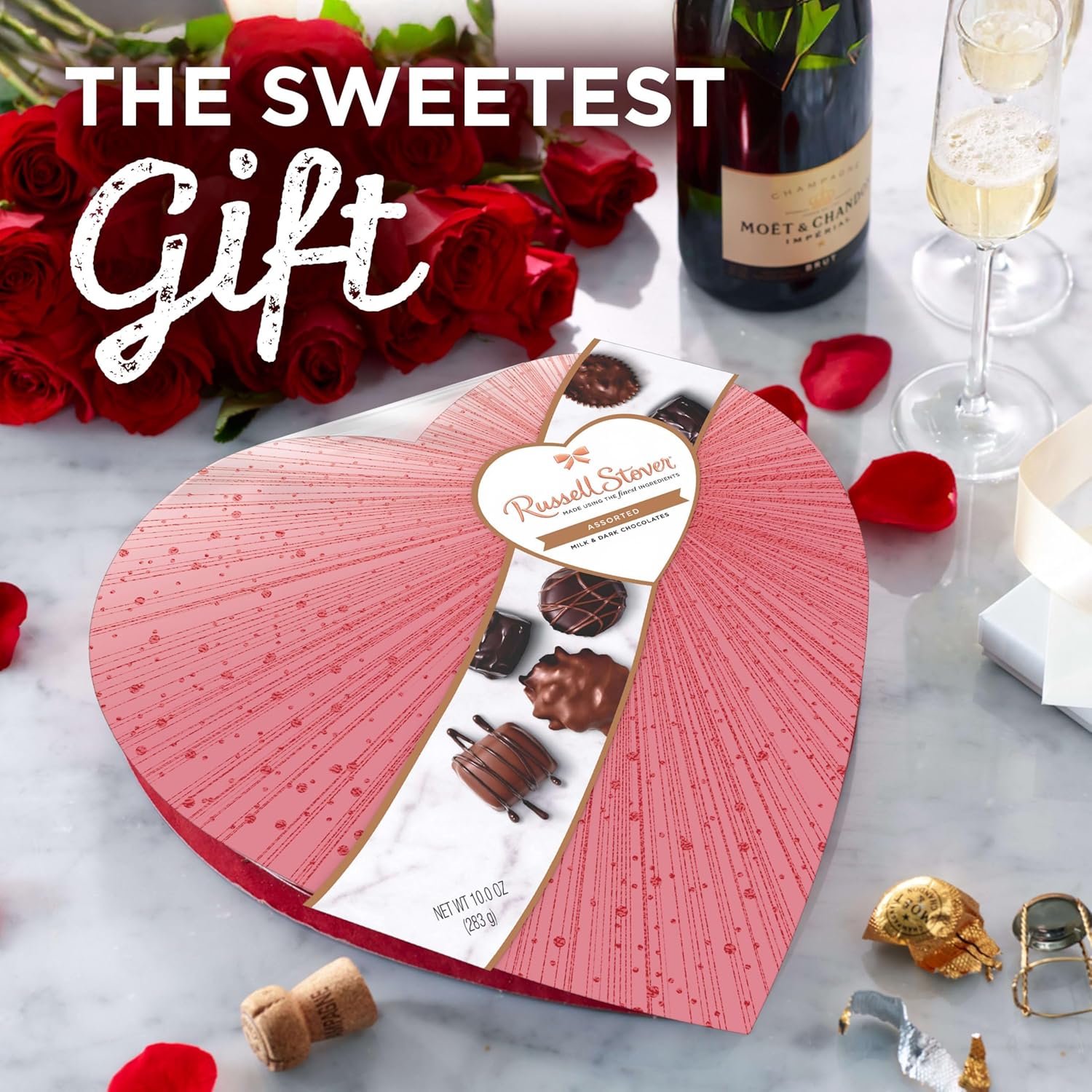 RUSSELL STOVER Valentine's Day Rose Gold Assorted Milk & Dark Chocolate Candy Heart Gift Box, 10 oz. (17 pieces)