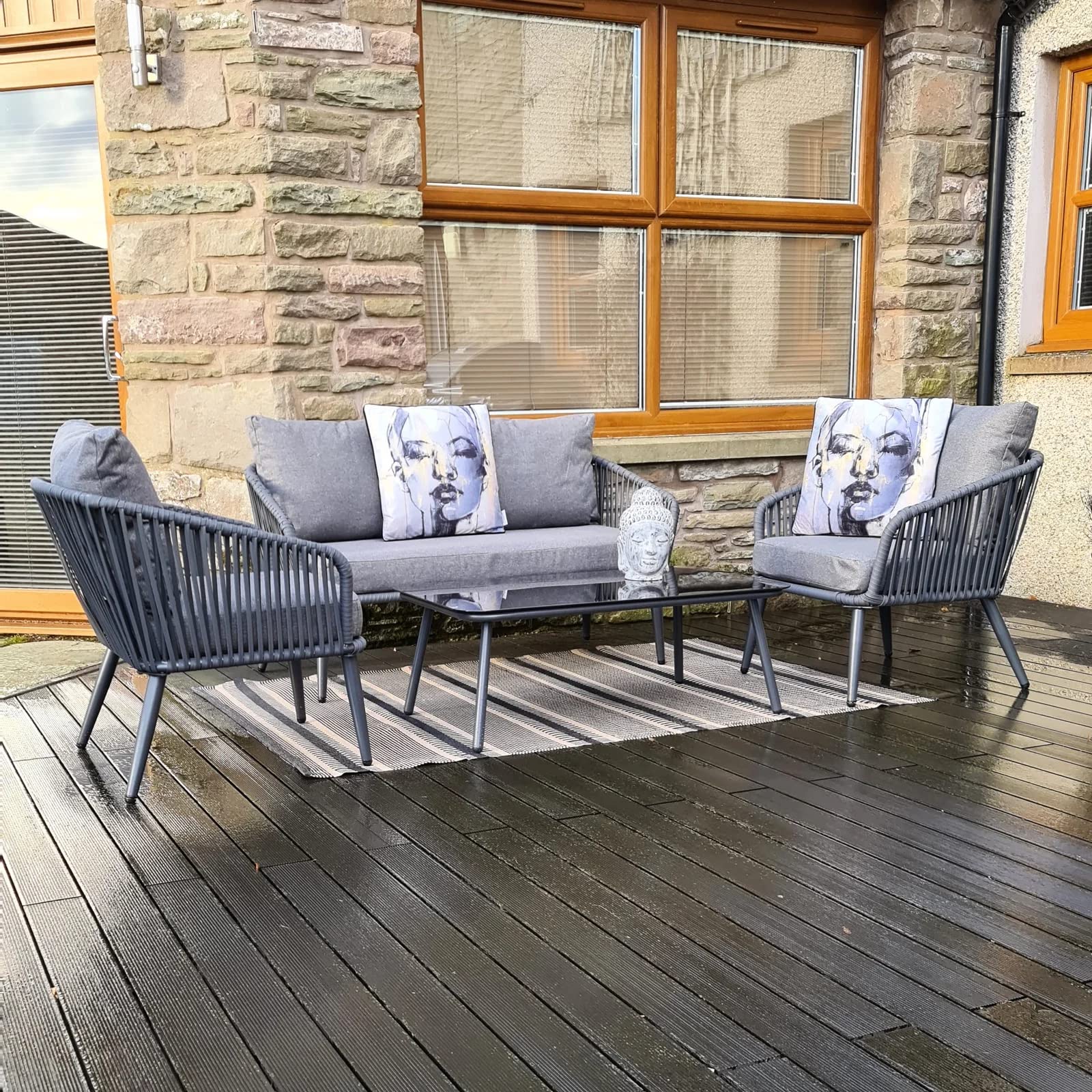 DEVOKO 4 Seater Sofa Outdoor Conversation Patio Garden Rope Furniture Set with Cushion and Center Table for Garden, Balcony, Poolside (Grey)