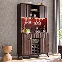 Vista 1 de OKD Gabinete de bar de vino de 72 pulgadas de alto con gabinete de almacenamiento, moderno gabinete de barra de café de madera acanalada con luces