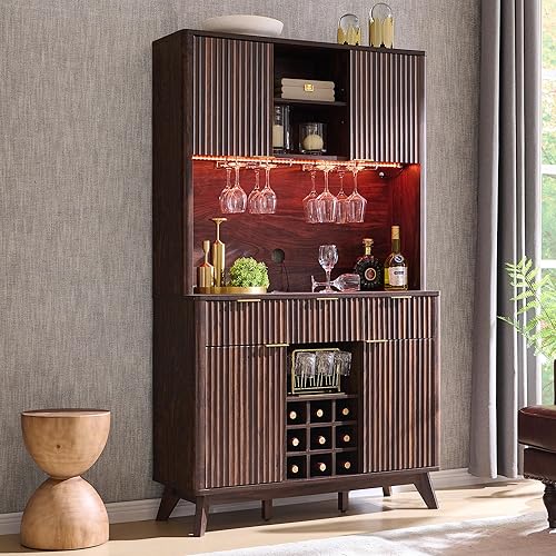OKD Gabinete de bar de vino de 72 pulgadas de alto con gabinete de almacenamiento, moderno gabinete de barra de café de madera acanalada con luces