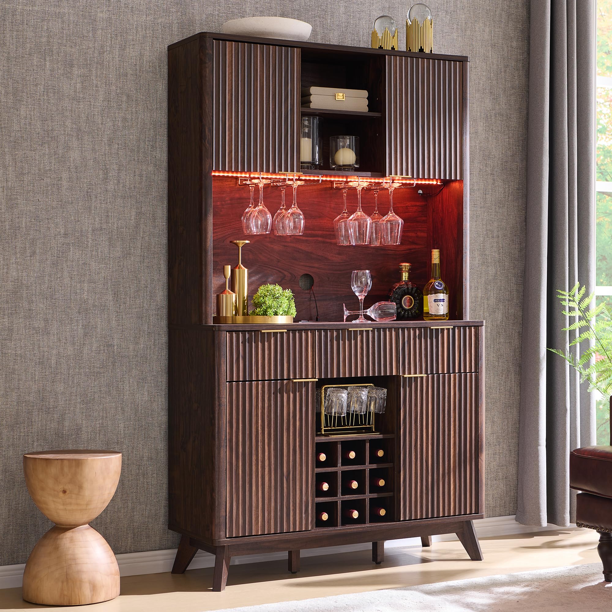OKD 72" Tall Wine Bar Cabinet with Storage Hutch, Modern Wood Fluted Coffee Bar Cabinet with LED Lights and 10 Tier Storage Shelf & 9 Grid Wine Glass Rack for Home Dining Room Kitchen (Dark Walnut)
