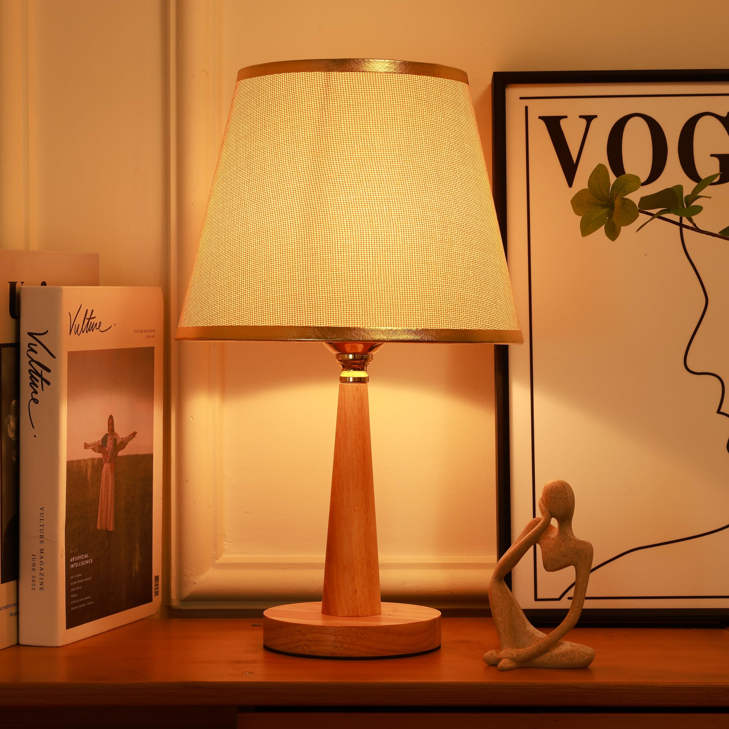 HOME ELEMENTS Modern Wooden Table Lamp with Fabric Shade, Night Light Lamp for Bedroom, Living Room, Home Decor, Warm Light Classic Bedside Desk Lamp, Study Lamps Nightstand Lamp 23x38cm (Beige)-image-46