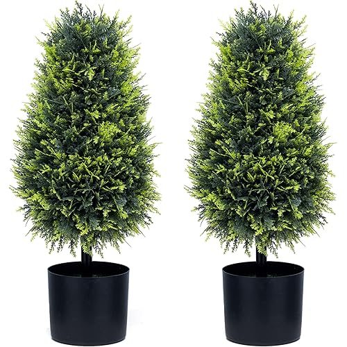 2 Foot Artificial Tower Cypress Tree Boxwood Topiary Tree Artificial Plants for Home Office Outdoor and Indoor Decor, Set of 2 (Green)