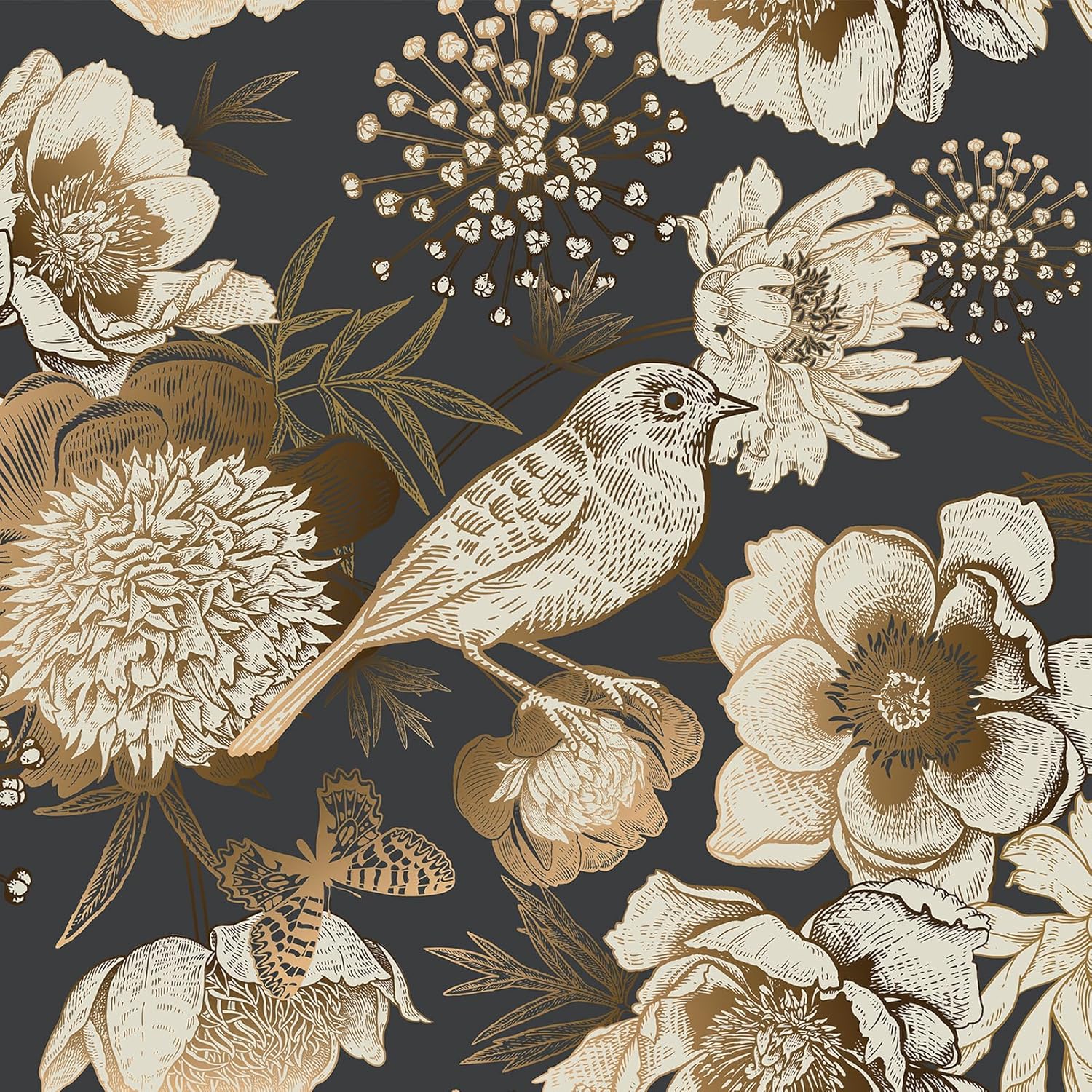 Wallercity Gold/Black Peony Peel and Stick Wallpaper Vintage Floral Birds Contact Paper for Countertops Cabinets Self Adhesive Waterproof Golden Wallpapers for Bedroom Bathroom Shelf Liner 17.5x315 IN