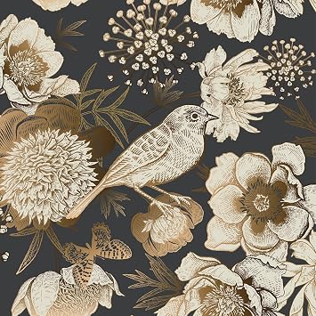Wallercity Gold/Black Peony Peel and Stick Wallpaper Vintage Floral Birds Contact Paper for Countertops Cabinets Self Adhesive Waterproof Golden Wallpapers for Bedroom Bathroom Shelf Liner 17.5x315 IN