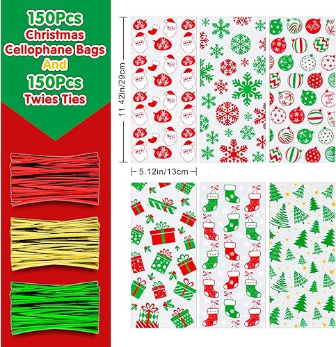 Miniatura 2 de Whaline 150 bolsas de celofán de Navidad – 6 diseños con lazo giratorio para golosinas – Muñeco de nieve, árbol de Navidad, regalo, copo de nieve,