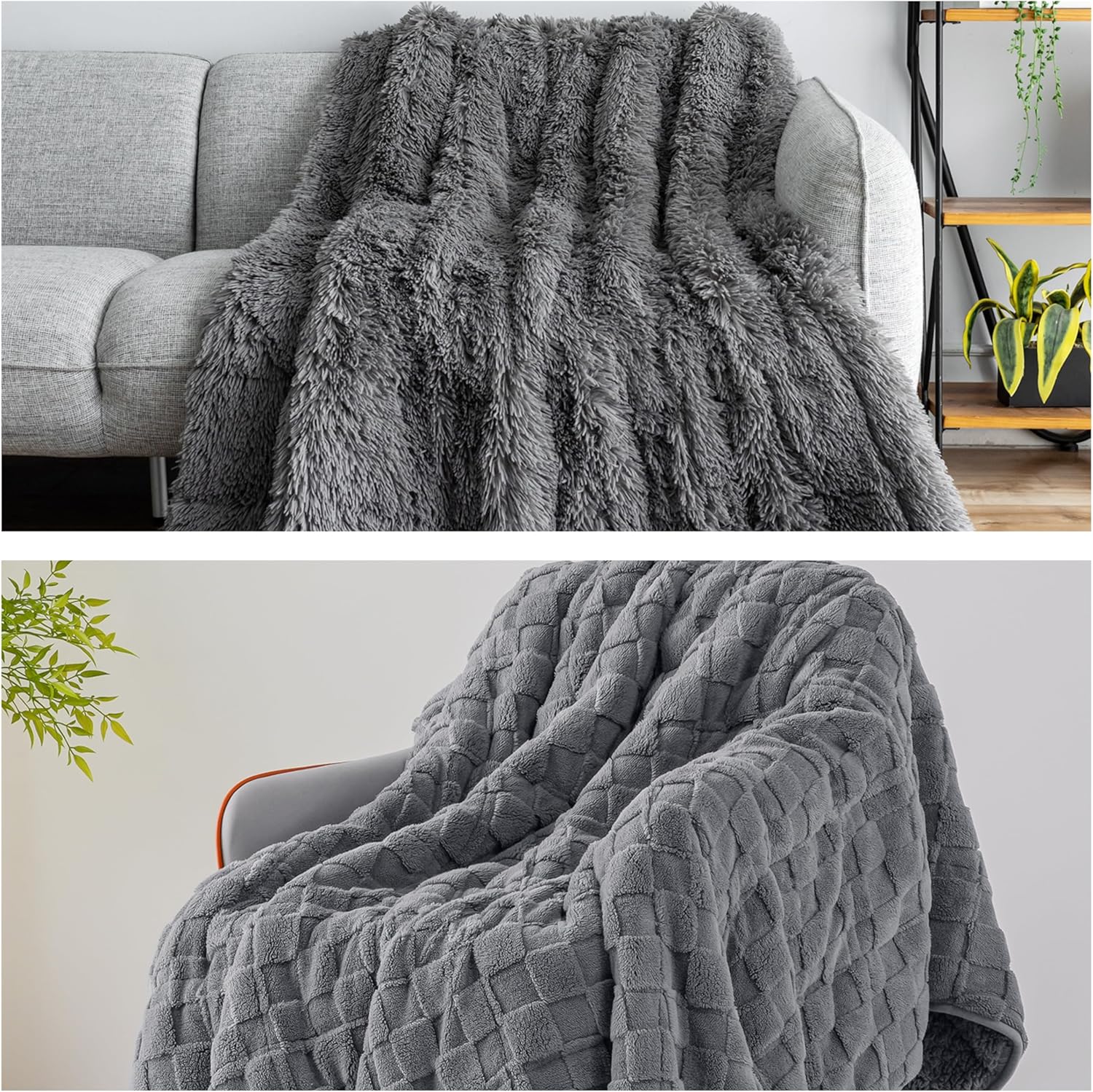 Uttermara Faux Fur Weighted Blanket Twin Size 15 Pounds, 48" x 72" with 3D Jacquard Checkered Warm Sherpa Fleece Weighted Blanket for Adults 48 x 72 Inches 15lbs Grey
