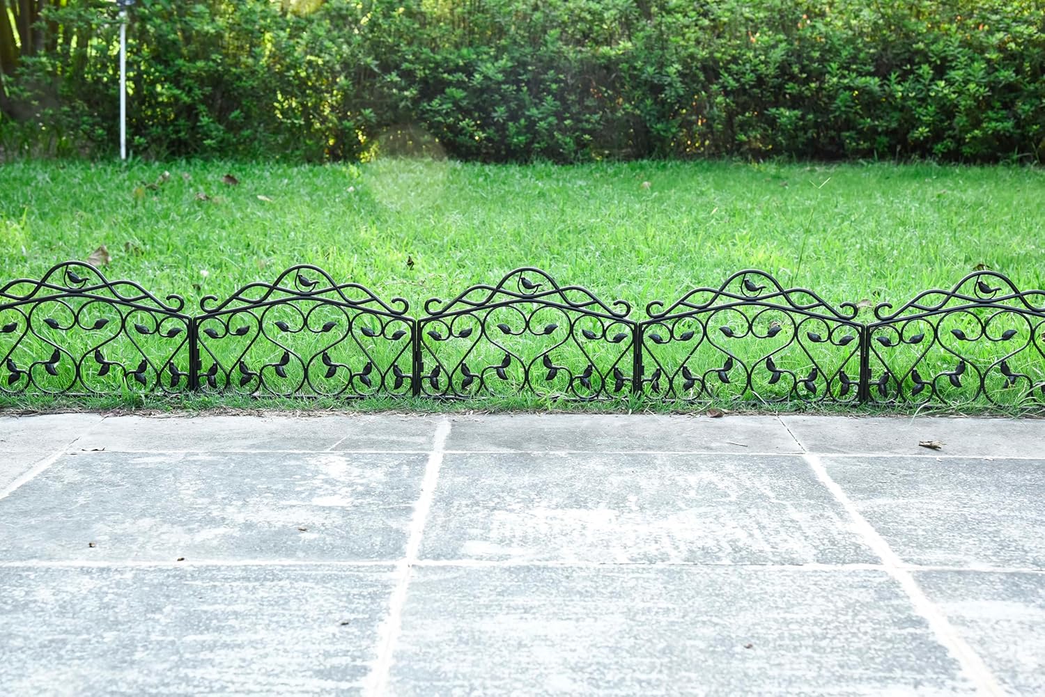 Evelyne Decorative Garden Border Plastic Edging – PP Plastic, Short Metal-Free Faux Wrought Iron Leaf & Bird Design, 8pcs Yard Landscaping Fence Liner Lawn Edge Barrier, 10ft Kit of Decorative Panels