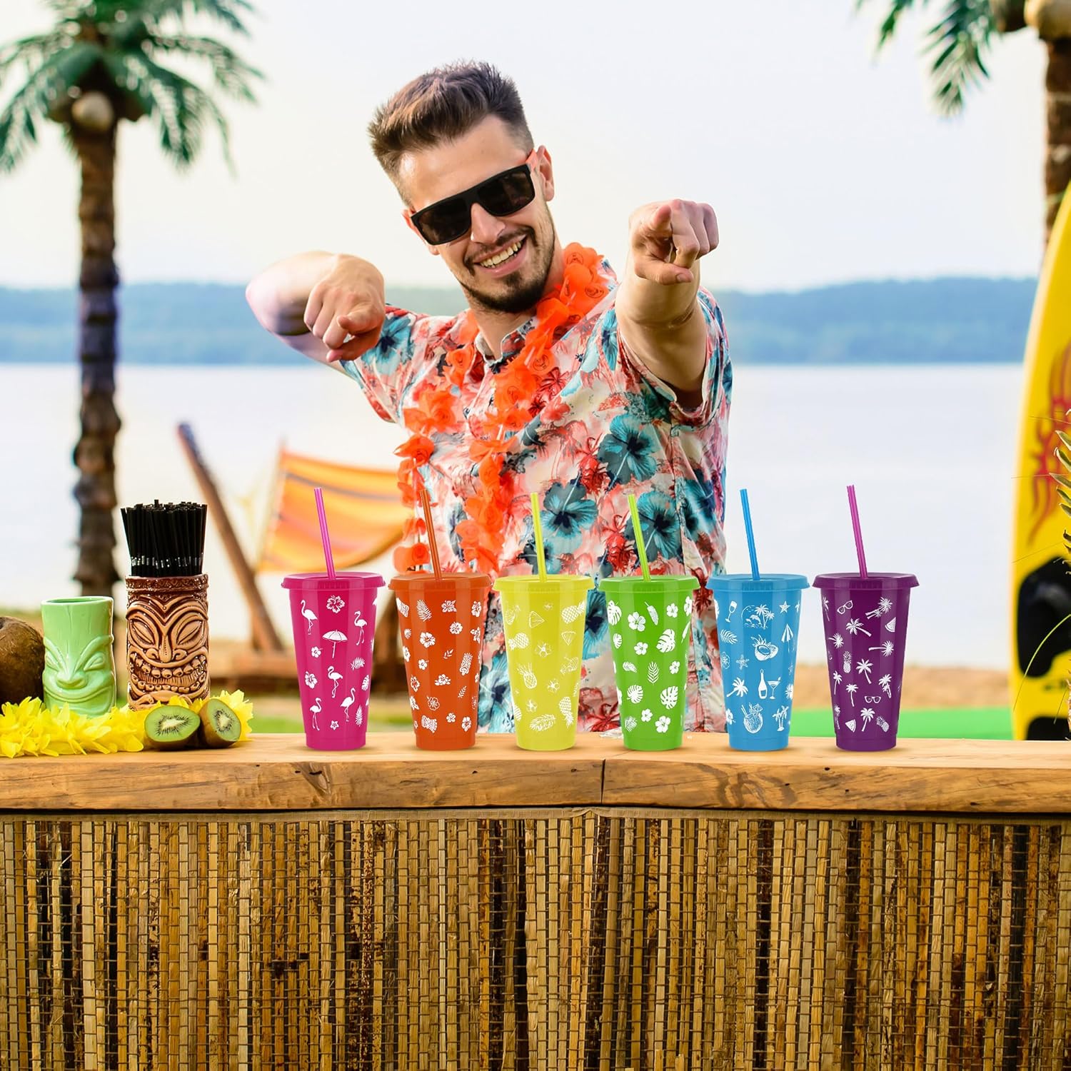 Kochorie 24 Pieces 24 oz Hawaiian Cups Luau Tumbler Cups with Straw and Lid 6 Design Reusable Plastic Travel Mug Cup for Hawaiia Favors, Luau, Tiki - Image 7