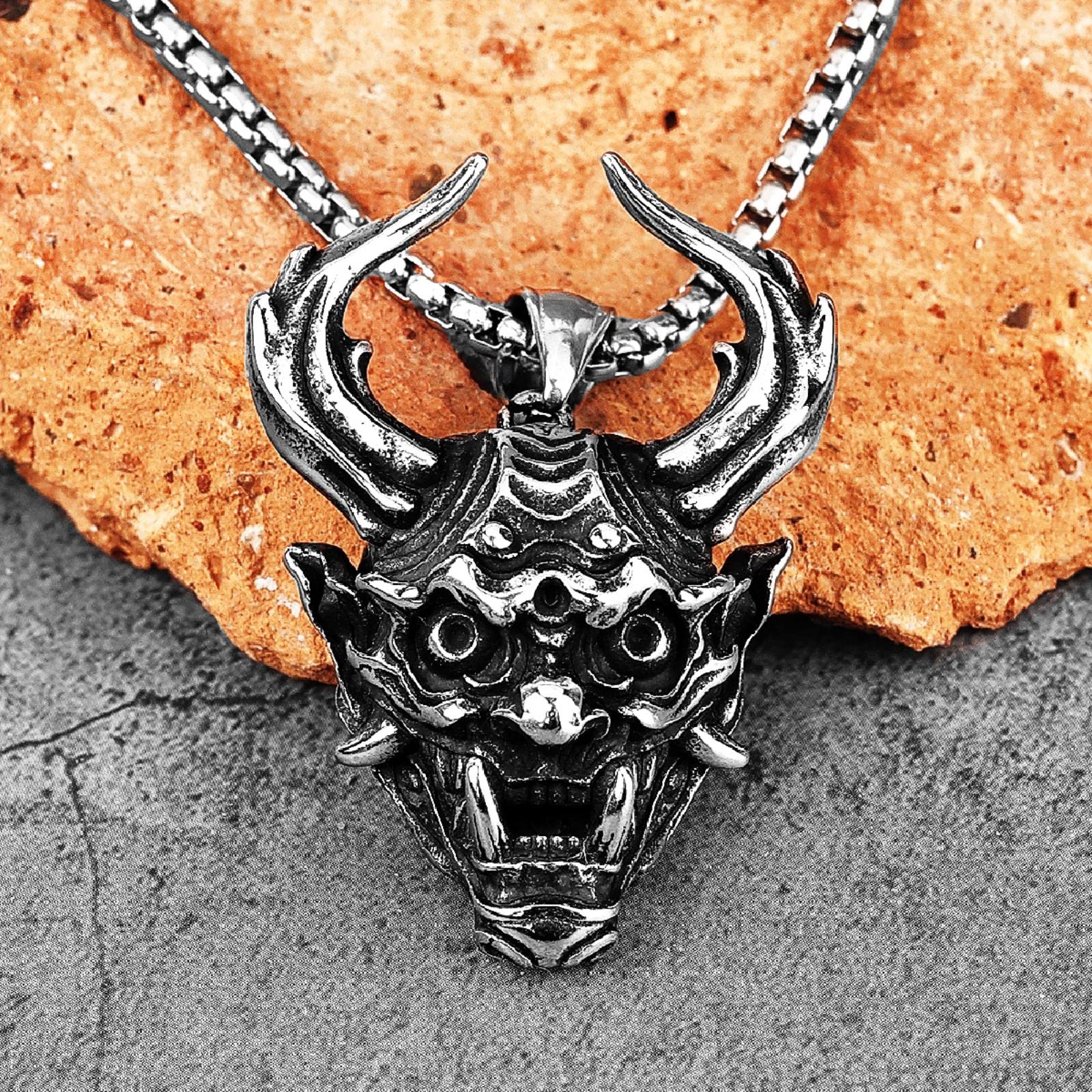 Collana Uomo Con Ciondolo Maschera Demone Hannya In Acciaio Al Titanio - Catena Punk Hip Hop, 60 Cm, Regalo