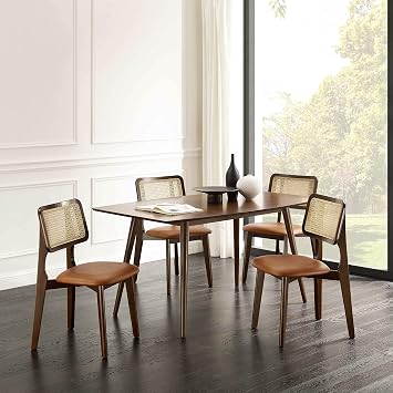 Zouron Genuine Leather Dining Chairs Set of 4, Mid Century Modern Kitchen Chairs with Rattan Back, Upholstered Wooden Armless Side Chairs for Dining Room, Brown and Walnut Frame