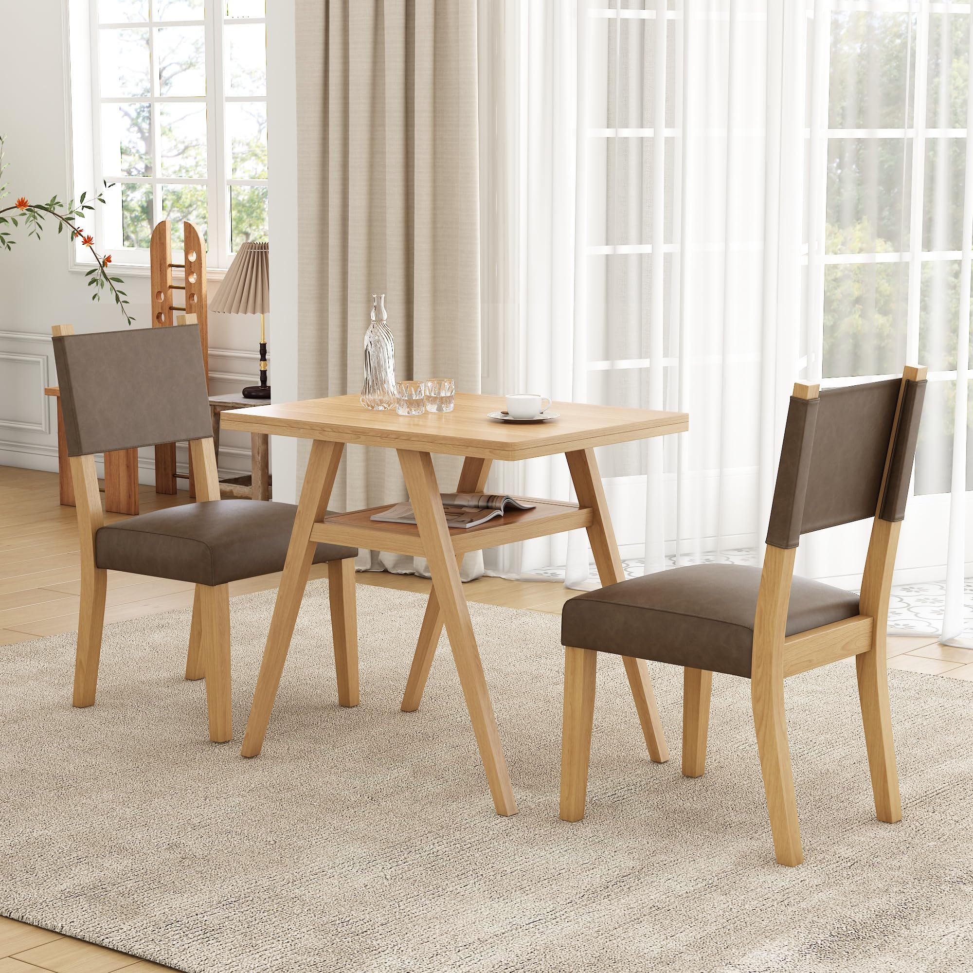 JESONVID 3-Piece Bistro Dining Set, Kitchen Wood Table with Shelf & 2 PU Side Chairs with Padded Seat, Small Pub Dinette Set for Tavern, Balcony,