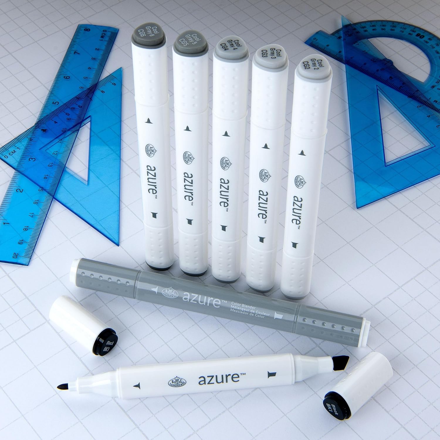 Royal & Langnickel Azure, 7pc Dual-Tip, Alcohol Based Marker Set, Includes - 6 Markers & 1 Blender, Grayscale Colors