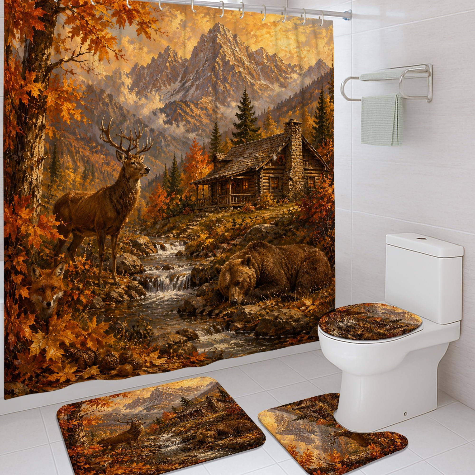 Rideau de douche cerf et ours d'automne pour créer une ambiance chalet rustique
