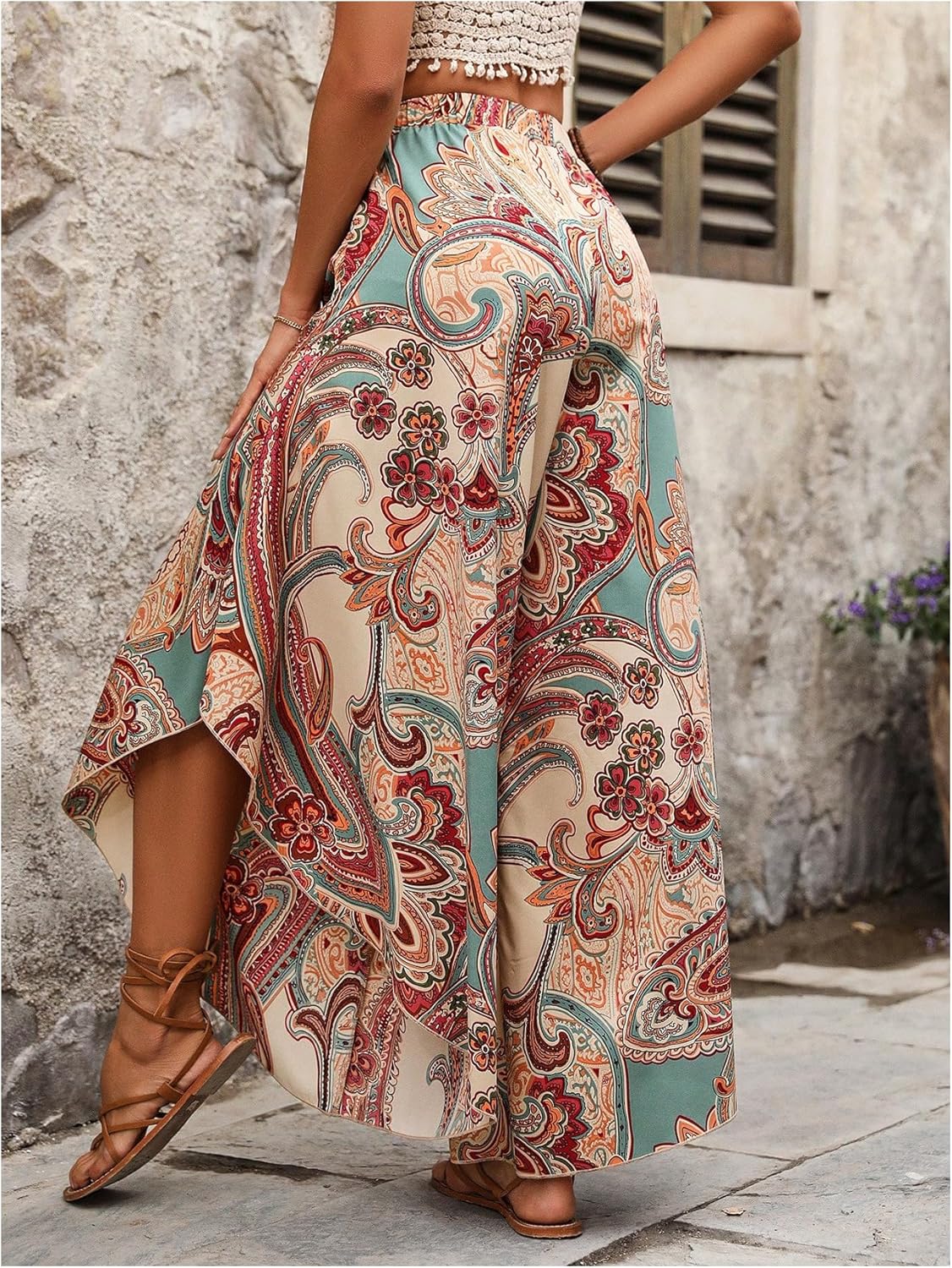 Women's Paisley Print Boho Pants Wide Leg Baggy Pants Elastic High Waisted Summer Lounge Beach Trousers - Image 2