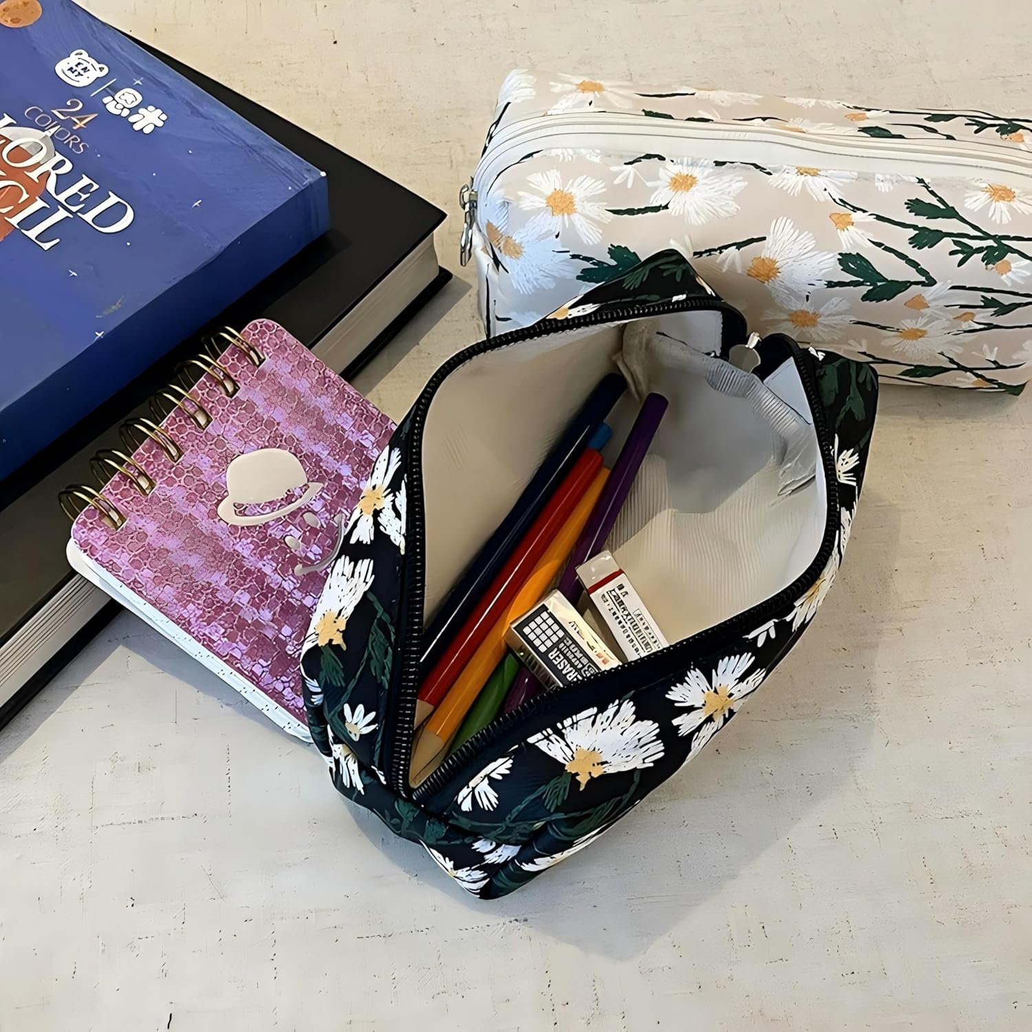 Cute Pencil Case Aesthetic Student Pencil Pouch Coin Pen Pouch Cosmetic Bag Office Stationery Organizer For Kids Teen School (Flowers-L) - Image 5