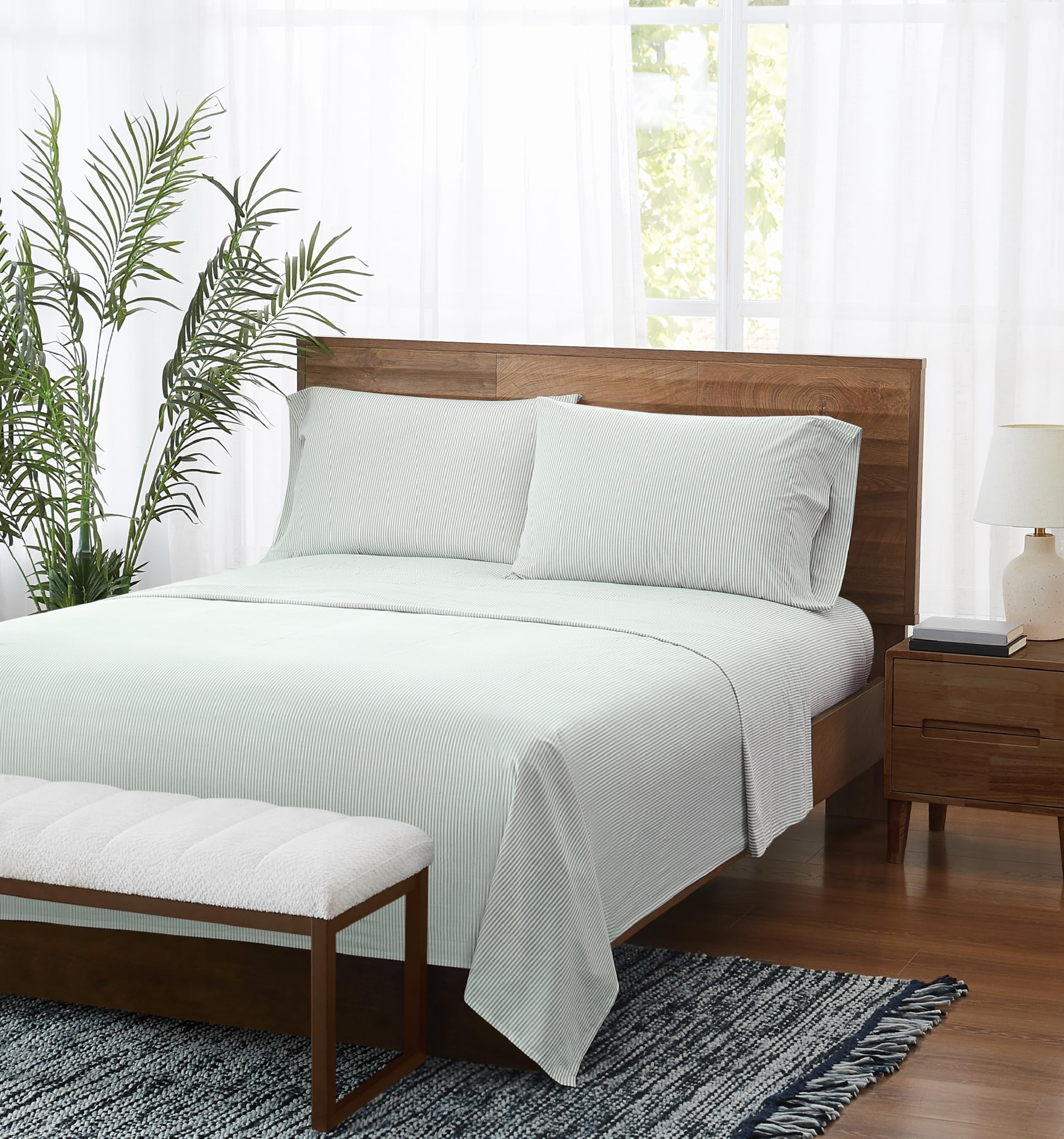Brooklyn Loom Pinstripe White/Sage Green Twin XL 3 Piece Sheet Set