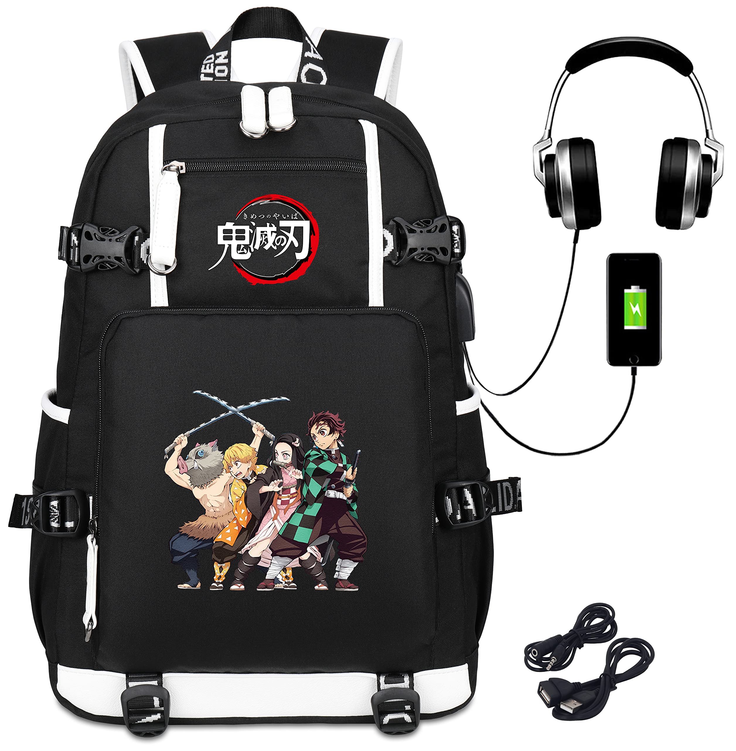 Roffatide Anime Demon Slayer Zaino per laptop stampato con porta di ricarica USB e porta per cuffie