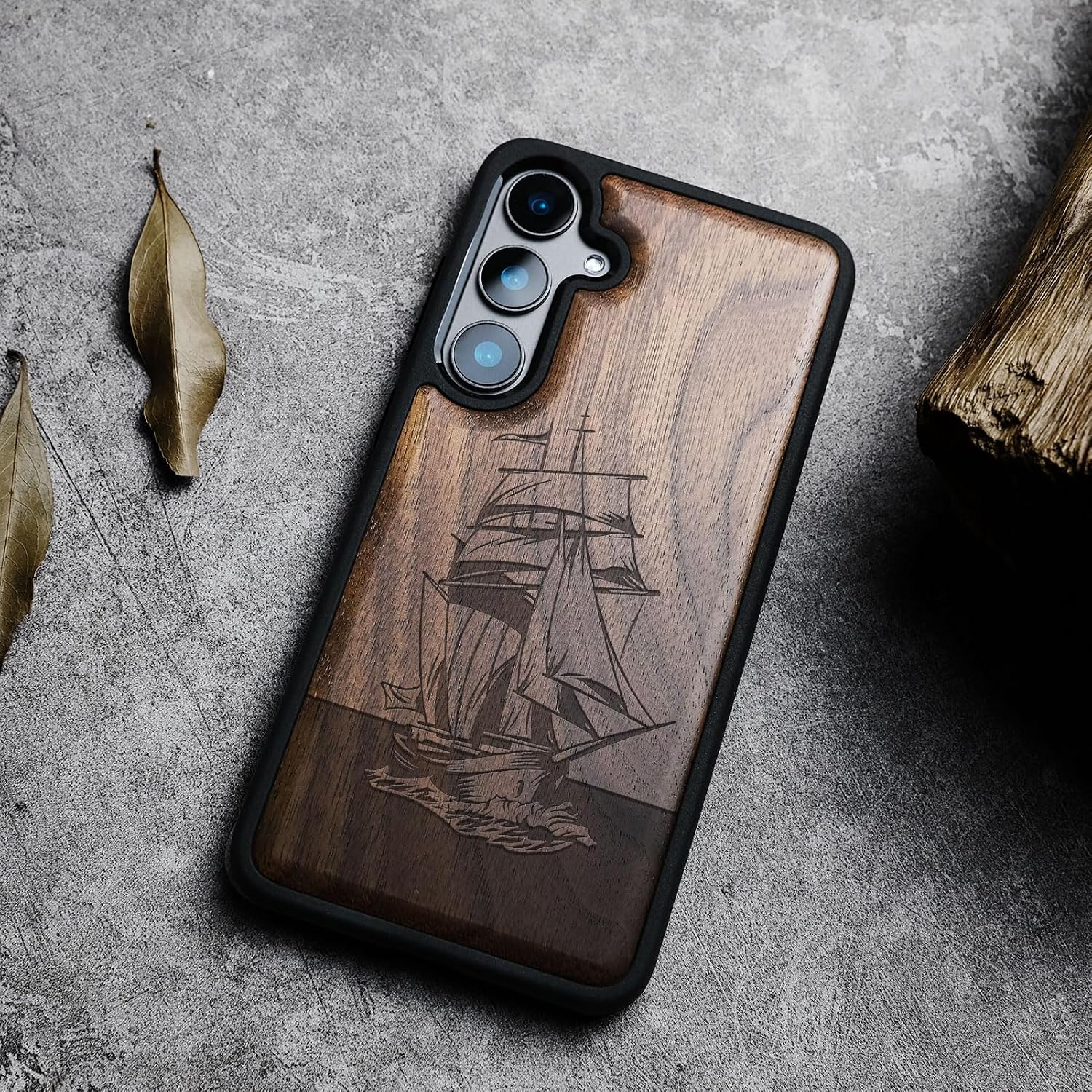 Carveit Wood Case for Galaxy S24 Plus Case [Natural Wood & Black Soft TPU] Shockproof Protective Cover Unique Wooden Design Compatible with S24 Plus (Sailing Spirit-Walnut)
