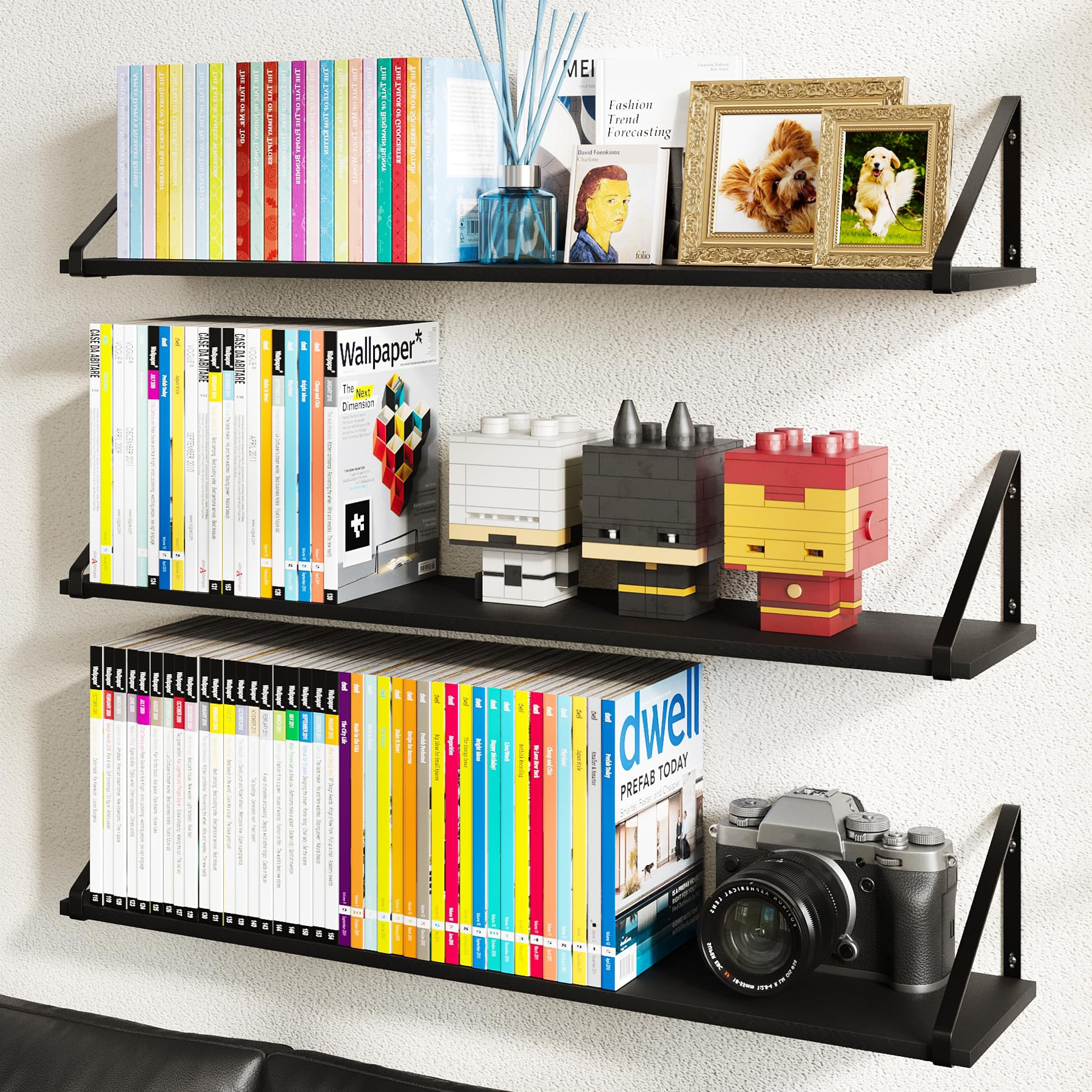 BAMEOS Rustic Wood Wall Shelves - Set of 3, Large Bookshelf for Living Room, Bedroom and Kitchen, Black Shelves for Wall Decor