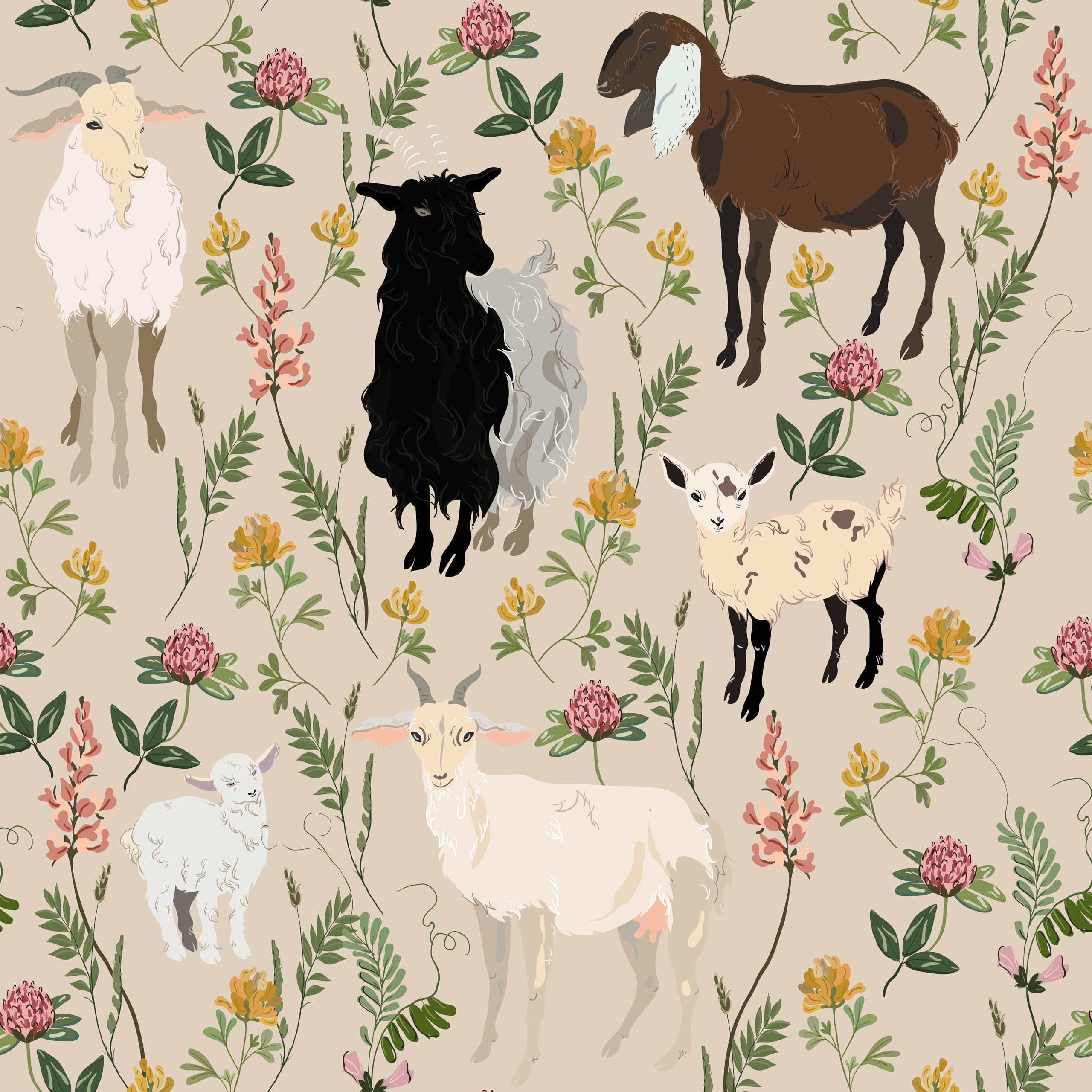 KDGHORMY Beige Animal Wallpaper Peel and Stick Vintage Multicolor Goat Leaf Daisy Flowers Floral Wallpaper Watercolor Farm Easy Peel Off Stick on Wall