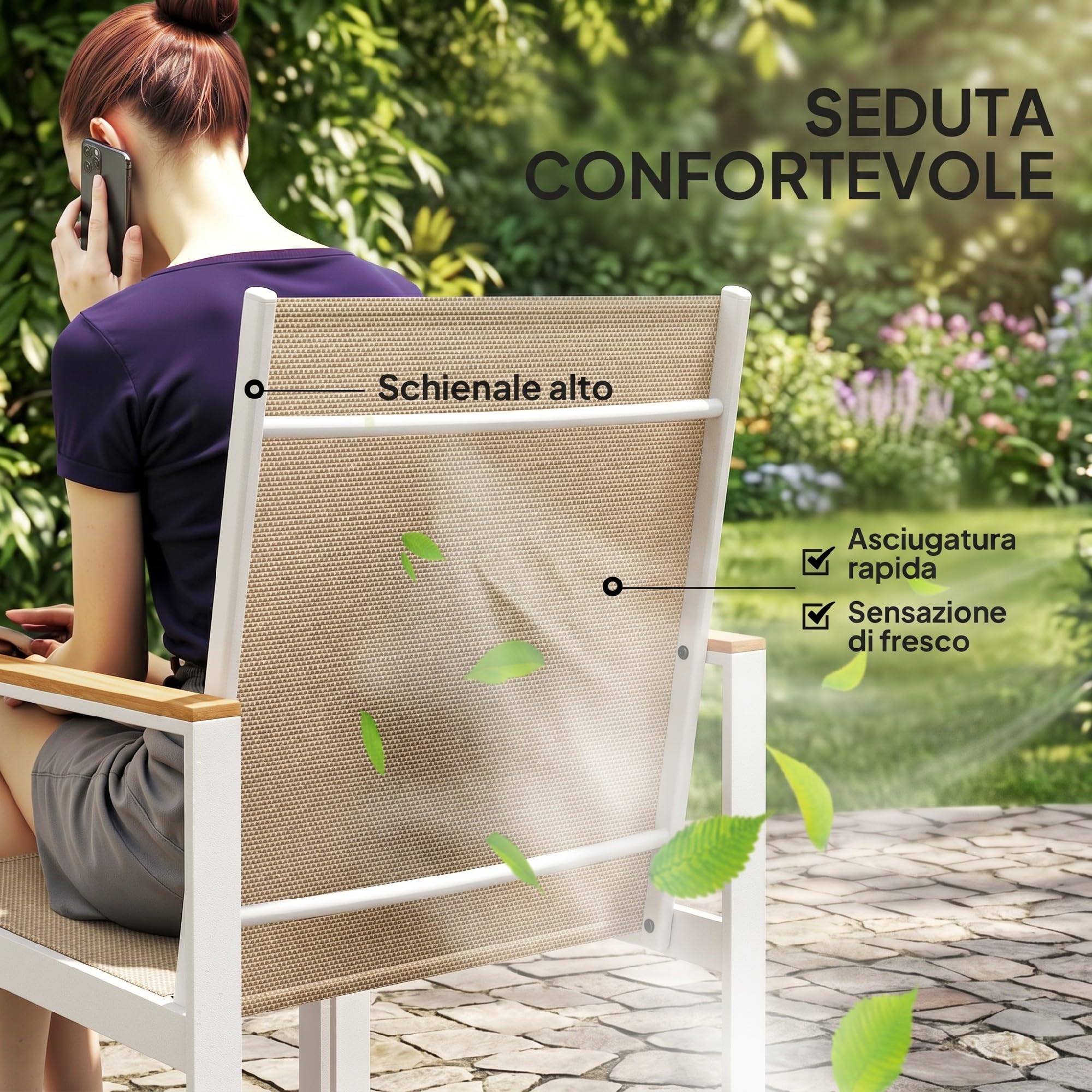 Outsunny Set Tavolo da Giardino con Sedie da 5 Pezzi in Vetro Multicolore | Set da Pranzo, 4 Sedie da Esterno con Braccioli e Schienale Alto, Set di Mobili in Acciaio e Textilene