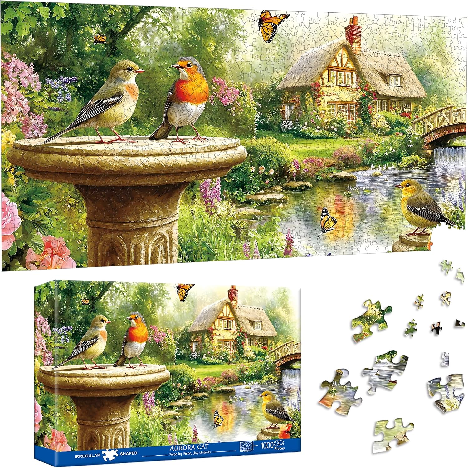 Special Shape Puzzles for Adults 1000 Pieces - Garden Songbirds Jigsaw Puzzle Challenging Impossible Puzzle, Unique Home Decor & Game (16x31Inch/30x80cm) for Puzzle Lovers