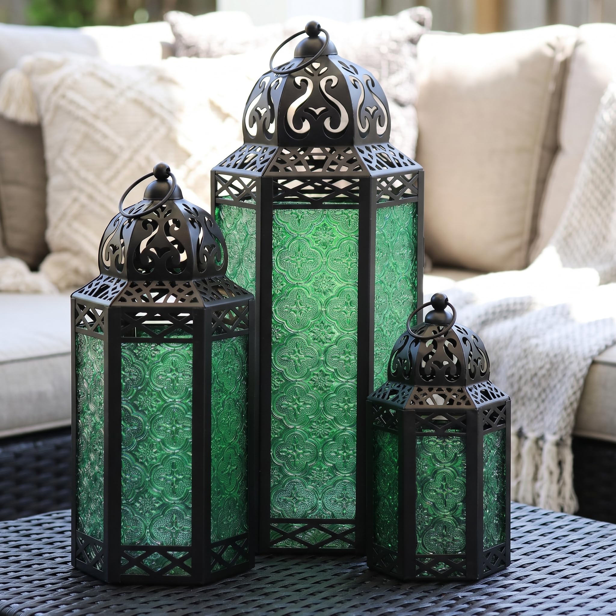 Vela Lanterns Juego de 3 faroles portavelas marroquíes Decorativos para Suelo, decoración de Ramadán, decoración Interior del hogar, Patio al Aire Libre o Porche, Halloween, Bodas, Verde