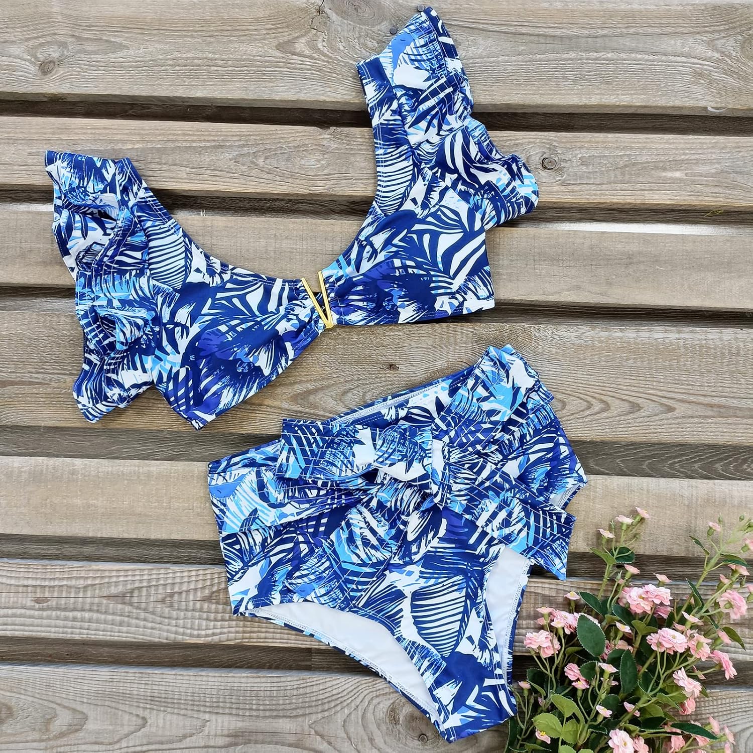 SPORLIKE Women Ruffle High Waist Swimsuit Two Pieces Push Up Tropical Print Bikini - Image 4