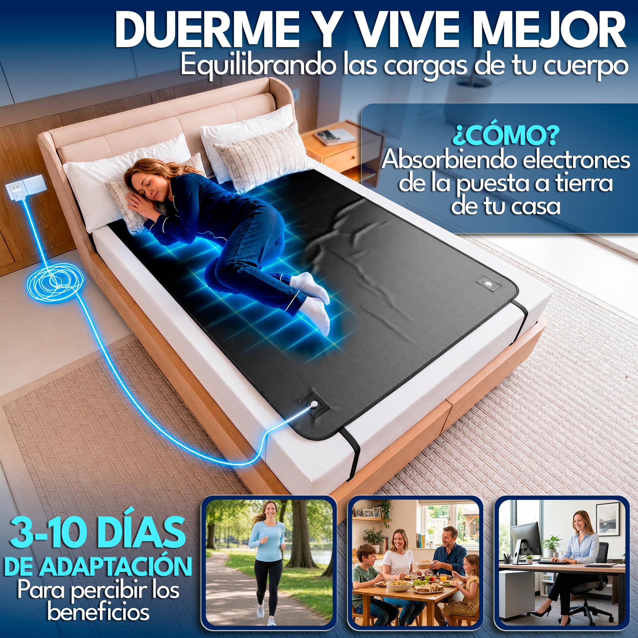 Grounding Mat Premium con Verificador Lápiz | Alfombrilla Earthing para Conexión a Tierra, Sueño Profundo y Reducción del Estrés | Incluye Enchufe y Cable | 2 Tamaños (185x137)