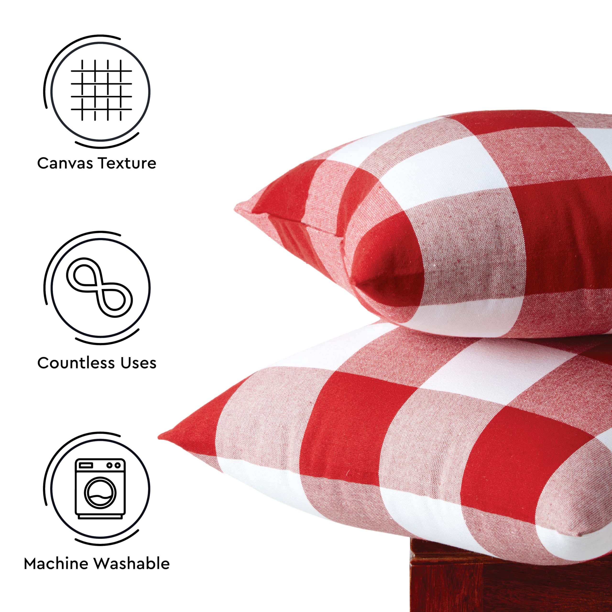 Encasa XO Cushion Covers 2 pcs set (45x45 cm), Buffalo Red Checks, Decorative Large Square Colourful Washable Eco, Cotton - Image 3