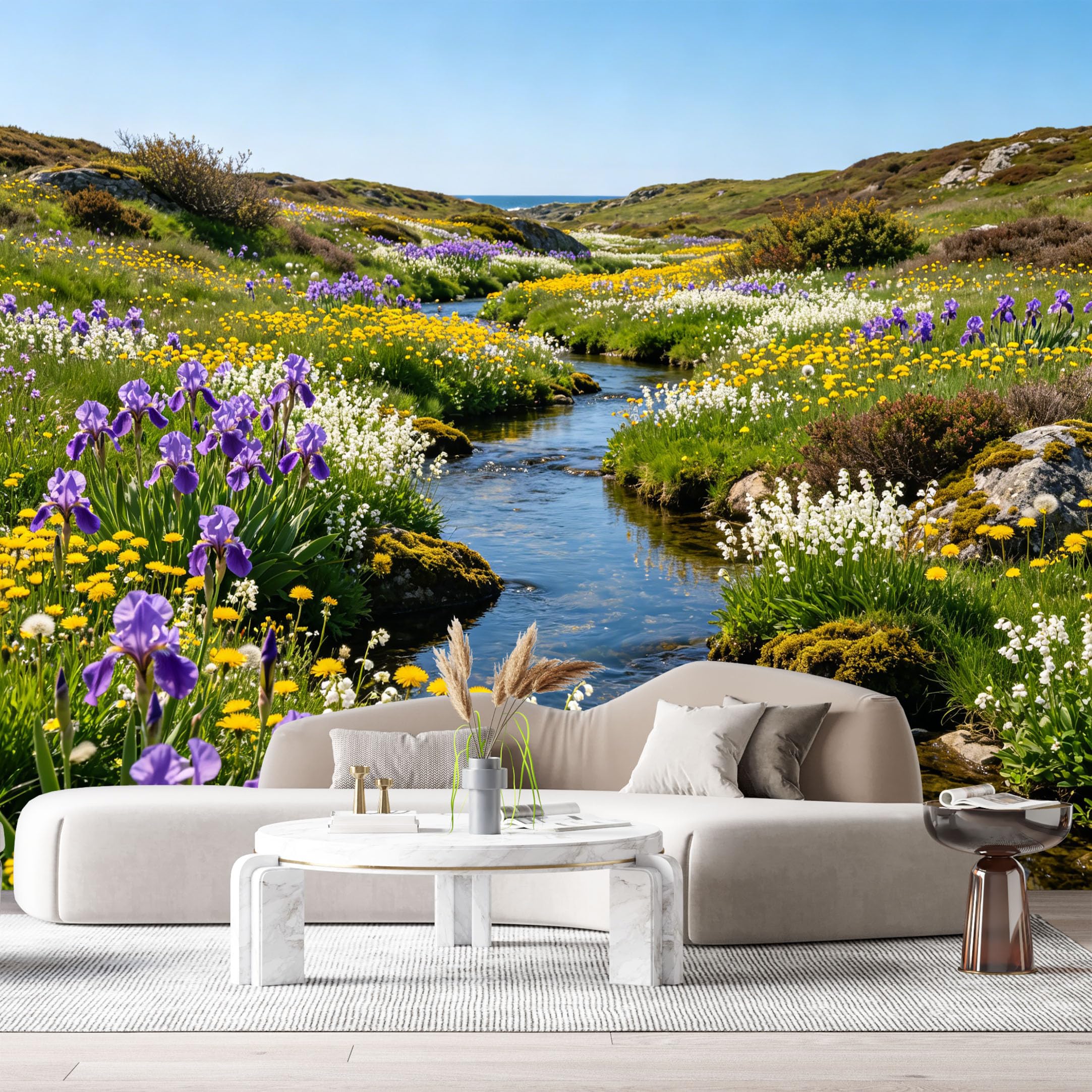 Custom Size Wall Murals Botanical Landscape Watercolor Wildflowers Stream SelfAdhesive Wall Fabric Removable Large Wallpaper for Photo Living Room Interior Decor