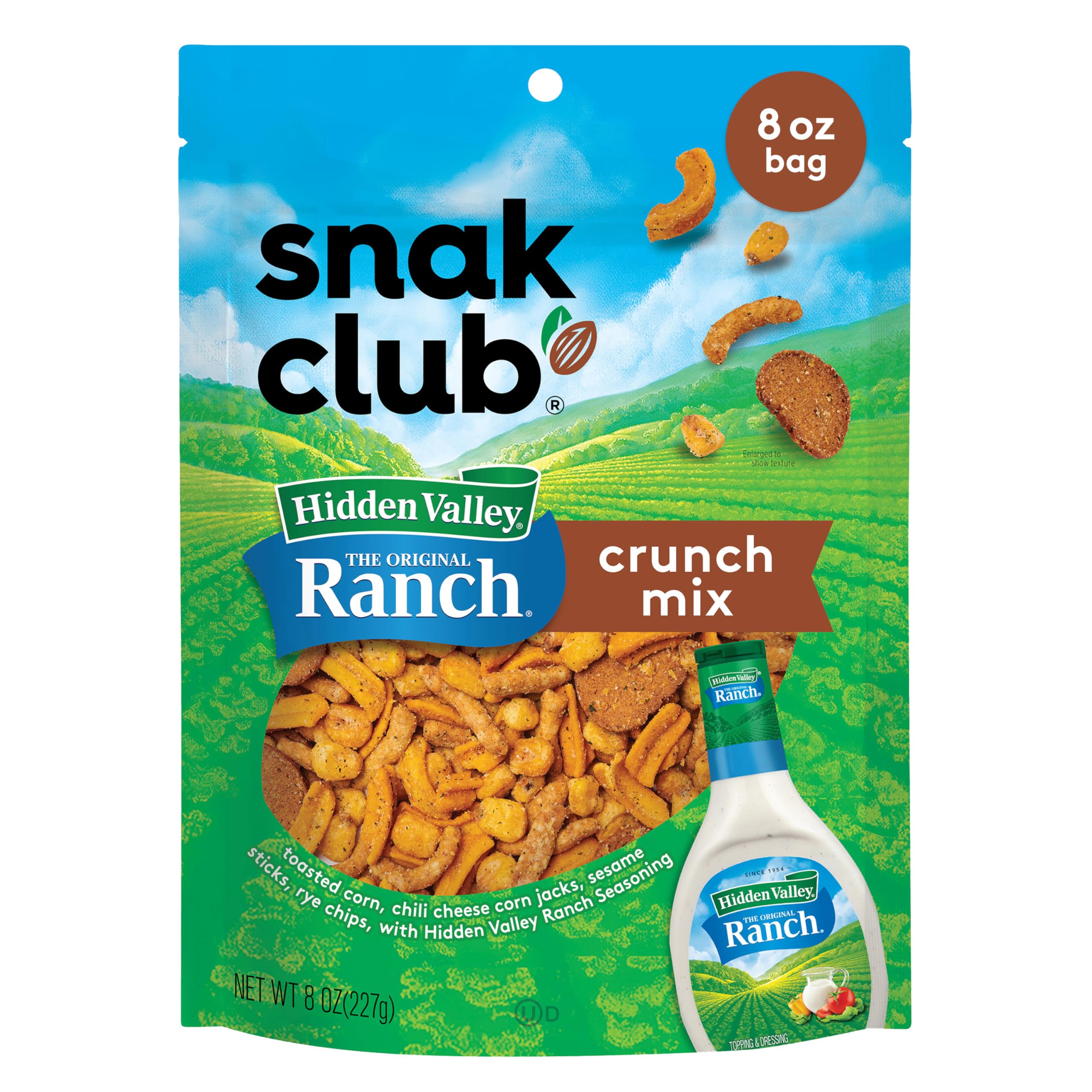 Snak ClubCrunch Mix with Hidden Valley Ranch Seasoning, Toasted Corn, Chili Cheese Corn Jacks, Sesame Sticks, and Rye Chips, Kosher Snack, 8 oz Resealable Bag