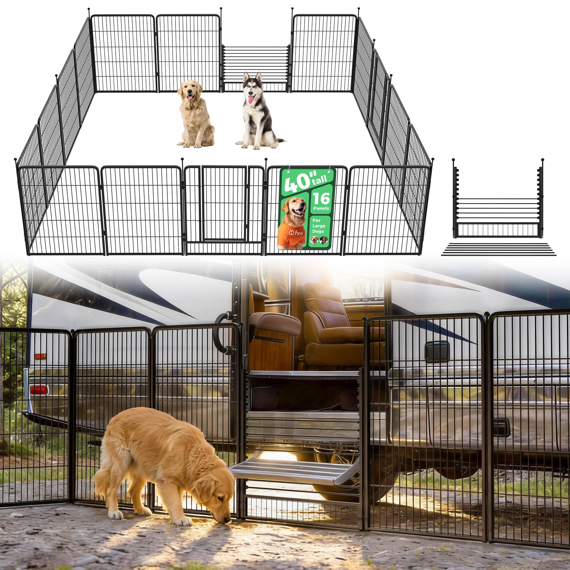 FXW Instant Dog Playpen with RV Step Grid for RV Camping, 40" H, 16 Panels