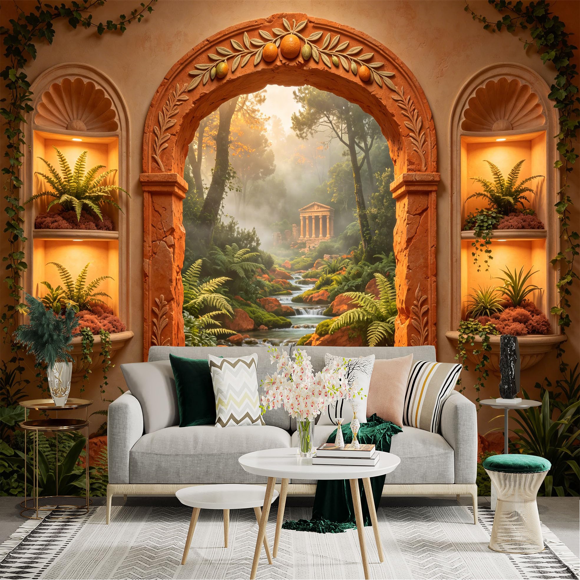 Custom Size Wall Sticker Mural， Ancient Garden Arch with Waterfall， Temple and Lush Greenery， for wall Decoration， peelandstick wall Decals.
