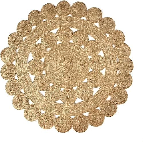 Vista 107 de GRUHUM Alfombra tejida a mano de yute redonda de 4 pies, de fibra natural, alfombra bohemia rústica, vintage, trenzada, reversible, ecológica
