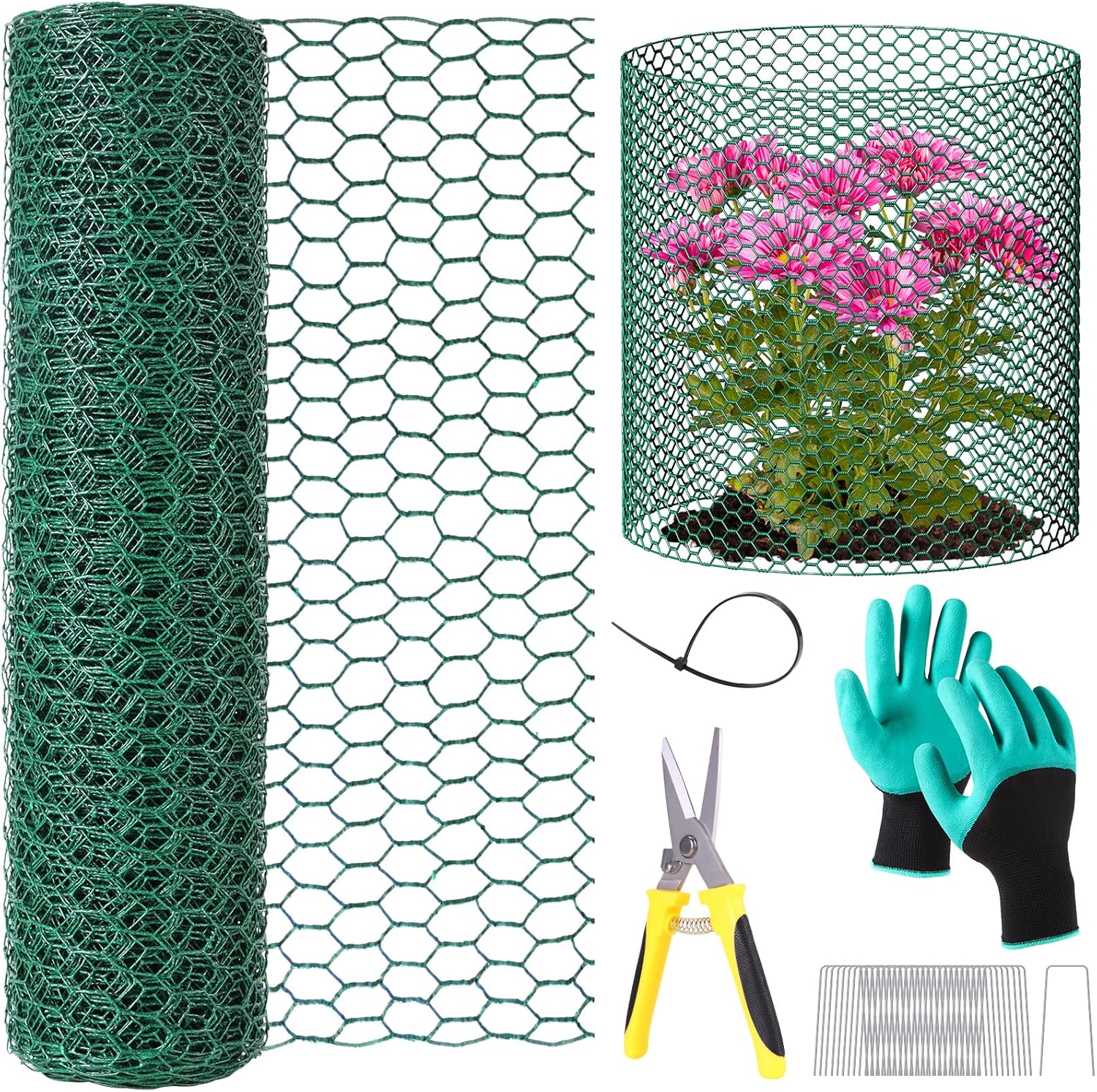 32.8ftx16In Plant Protectors from Animals,Plant Cages for Outdoor Plants,Wire Plant Protector Cage,Wire Plant Protector,Chicken Wire Cloche with Ground Stakes & Nylon Ties Protect Plants from Animals 32.8Ft x 16In