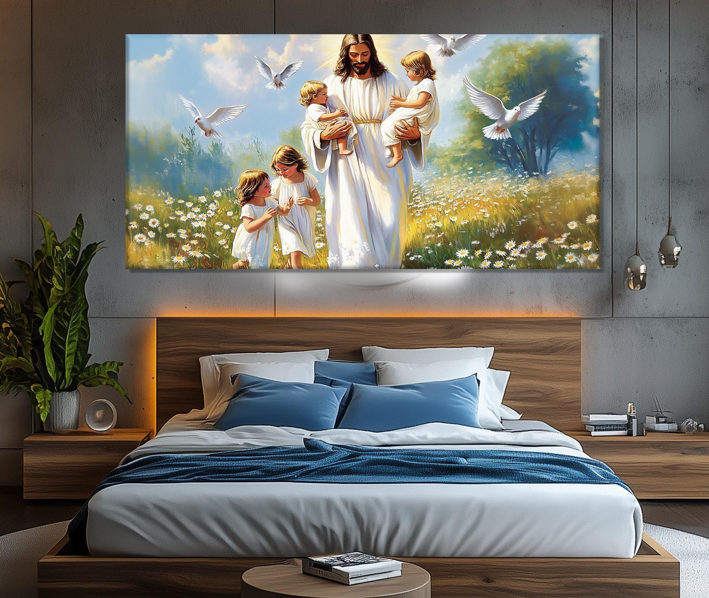 lianyibo Impresión en lienzo de Jesucristo con niños, lienzo de la Sagrada Biblia, arte de pared, Jesús con niños, arte religioso para decoración del hogar (70 x 140 cm/sin marco)
