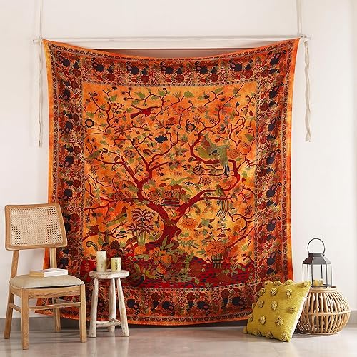 Popular Handicrafts Árbol de la vida bohemio psicodélico intrincado diseño floral colcha india 90 x 84 pulgadas naranja Popular Handicrafts Árbol de la vida bohemio psicodélico intrincado diseño floral colcha india 90 x 84 pulgadas naranja