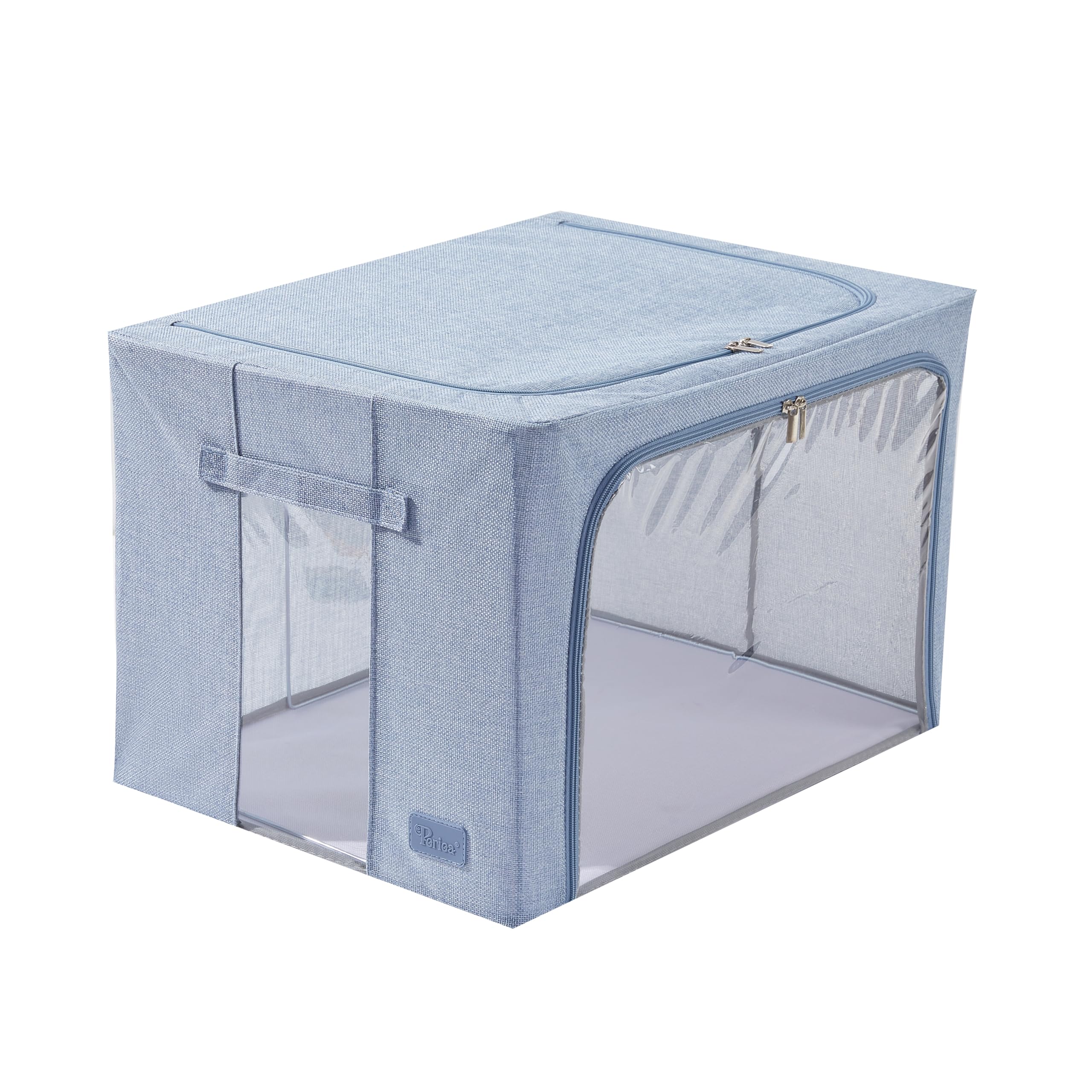 Periea ‘Beau’ Folding Collapsible Stackable Fabric Home Storage Boxes with Steel Frames (Blue Hemp, Large)
