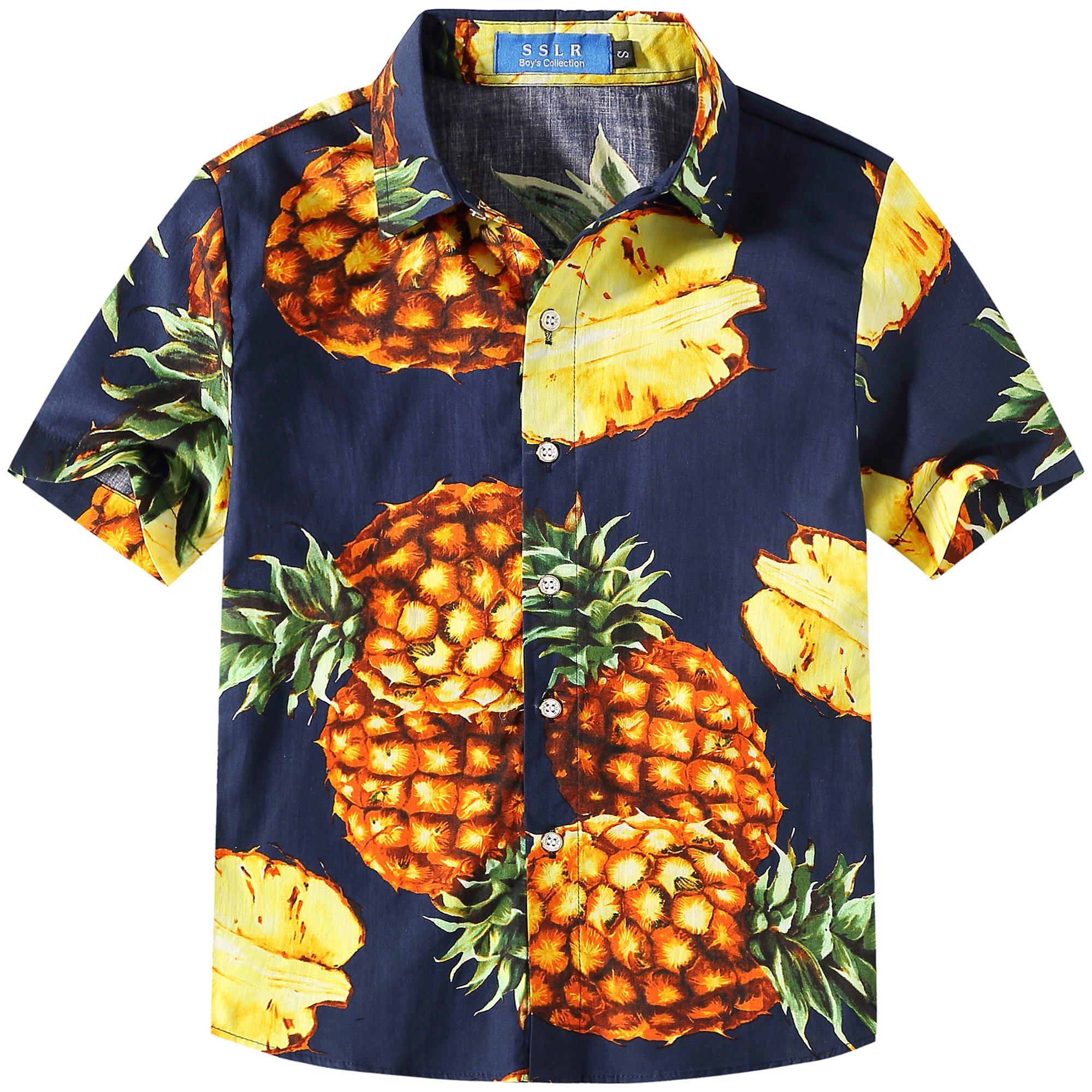 SSLR Camisa Manga Corta con Estampado de Piñas Estilo Hawaiana para Niño