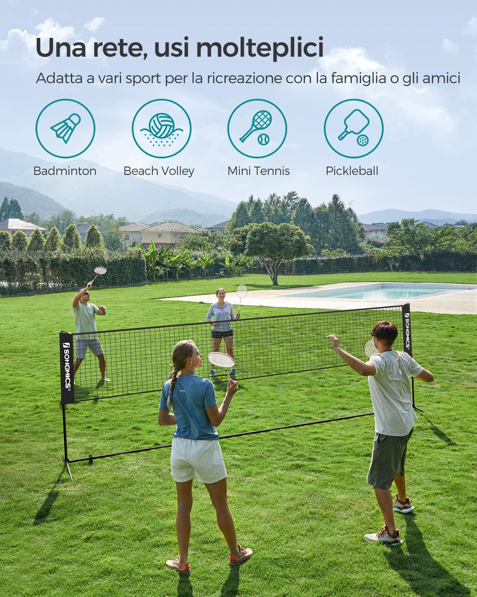SONGMICS Rete da badminton da 3 m, rete da pallavolo, altezza pali regolabili, set portatile per tennis