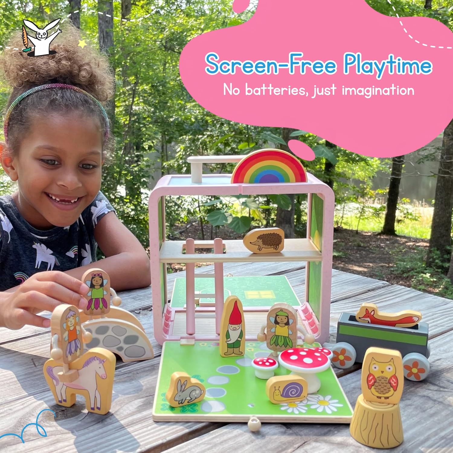 Jack Rabbit Creations Suitcase Fairy Playset - 17 Piece Portable Dollhouse Set - Play Toys-Includes Fairies,Animals ,Gnome Bridge and Car-Made of Eco-Friendly Bamboo- Ages 3+ Years