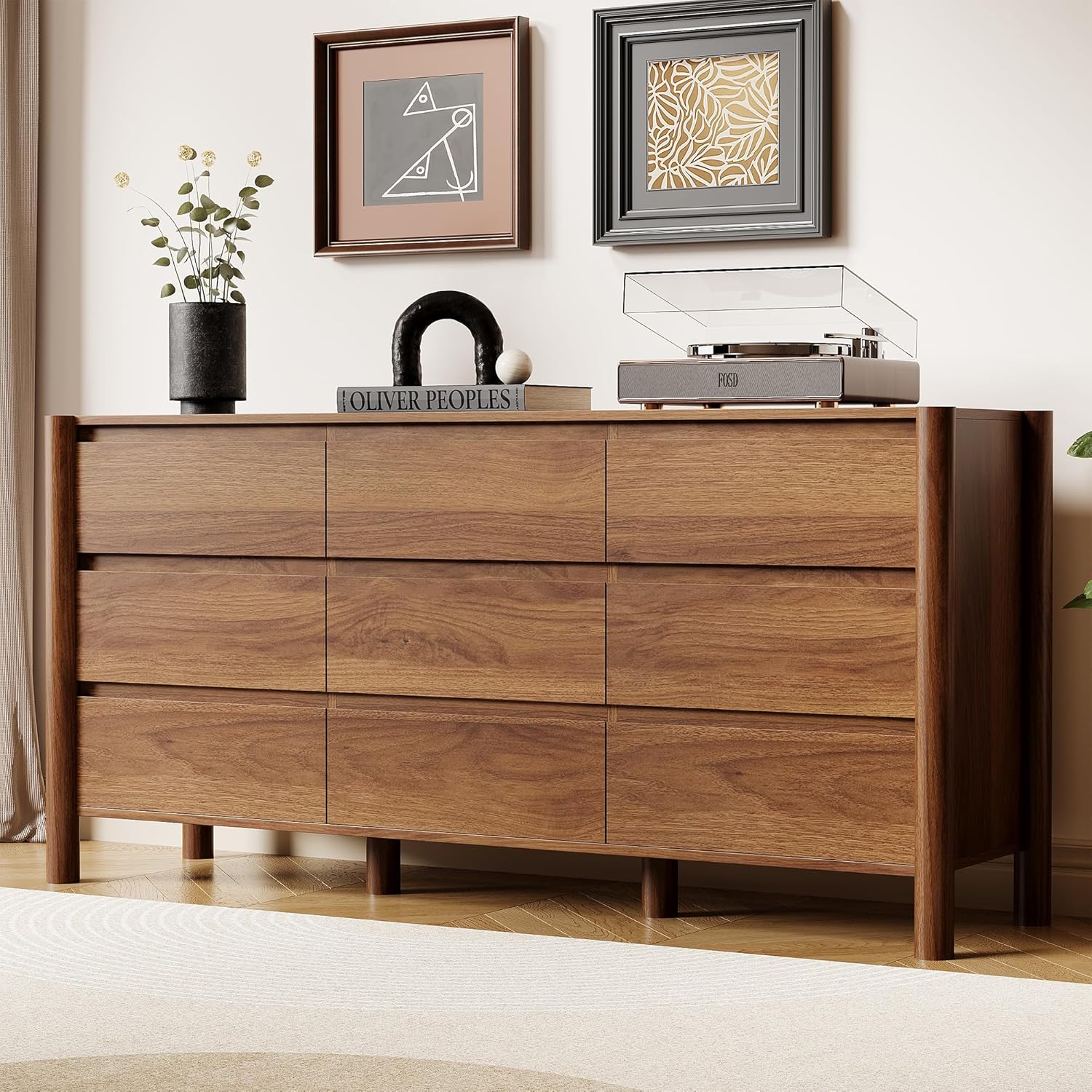 63" Wide 9-Drawer Dresser for Bedroom, Mid-Century Modern Walnut Chest with Solid Wood Legs, Large Storage Organizer, Smooth-Glide Drawers, Anti-Tip Safety, Living Room & Hallway Storage