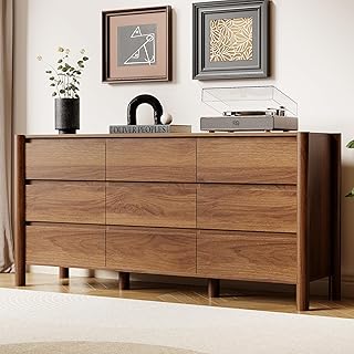 HOUROM 63" Wide 9-Drawer Dresser for Bedroom, Mid-Century Modern Walnut Chest with Solid Wood Legs, Large Storage Organizer, Smooth-Glide Drawers, Anti-Tip Safety, Living Room & Hallway Storage