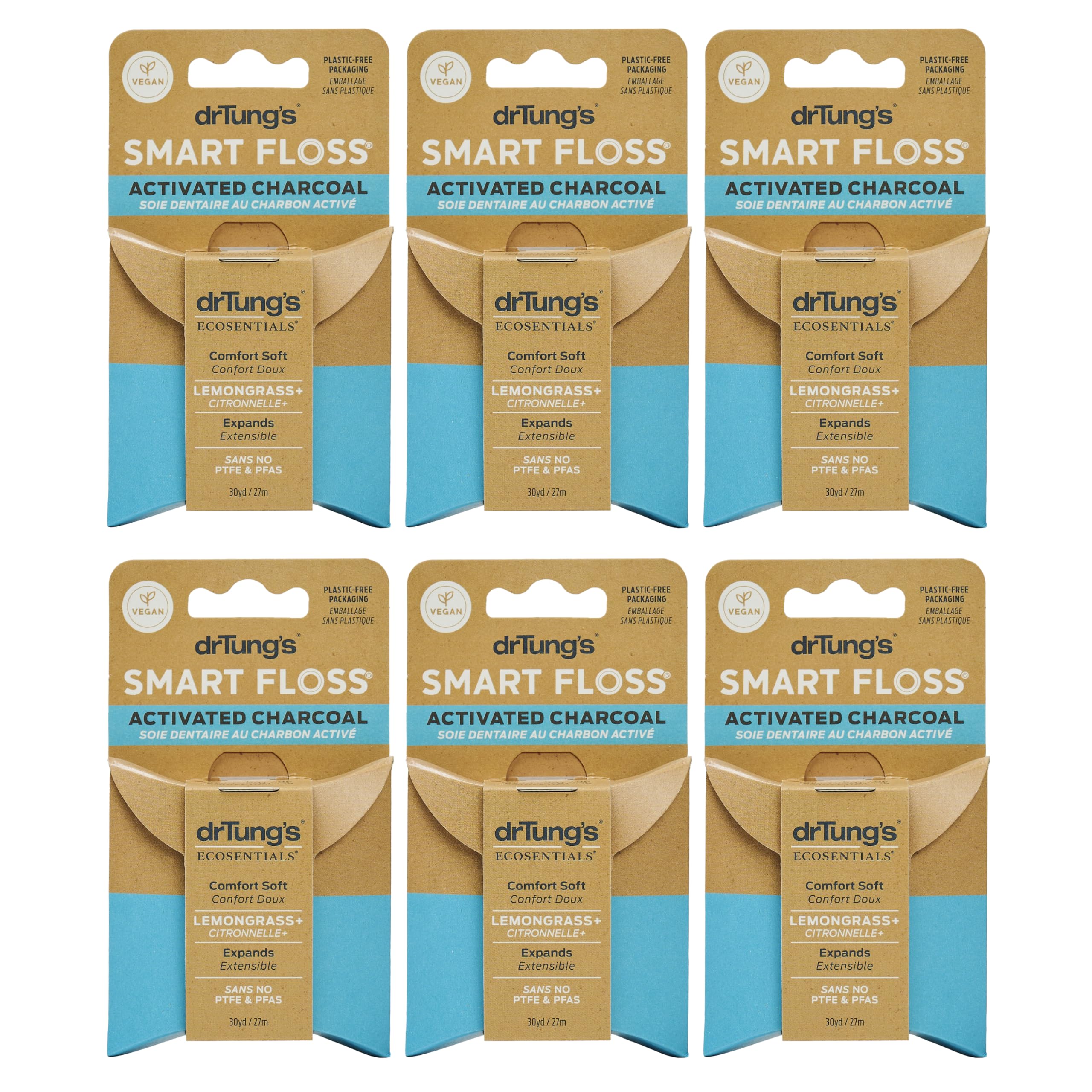 DrTung's Hilo dental vegano de carbón activado, sabor a hierba de limón natural, paquete de 6 | Hilo dental natural sin PTFE ni PFAS, suave con las encías, se expande y estira, sin BPA