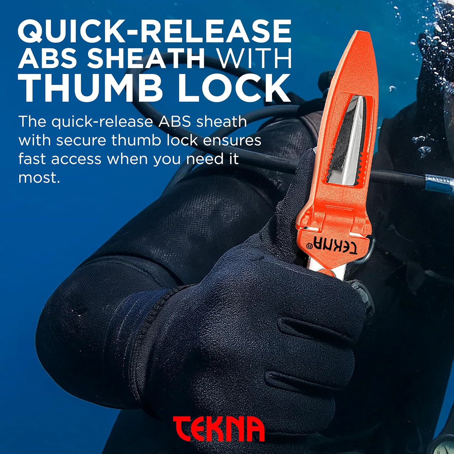 Tekna® Ocean Edge® Dive Knife – Point Tip Diving Knife for Divers – Essential Scuba Dive Gear with Quick Adjust Velcro Leg Straps and Sheath – Polished Stainless Steel with Orange Sheath